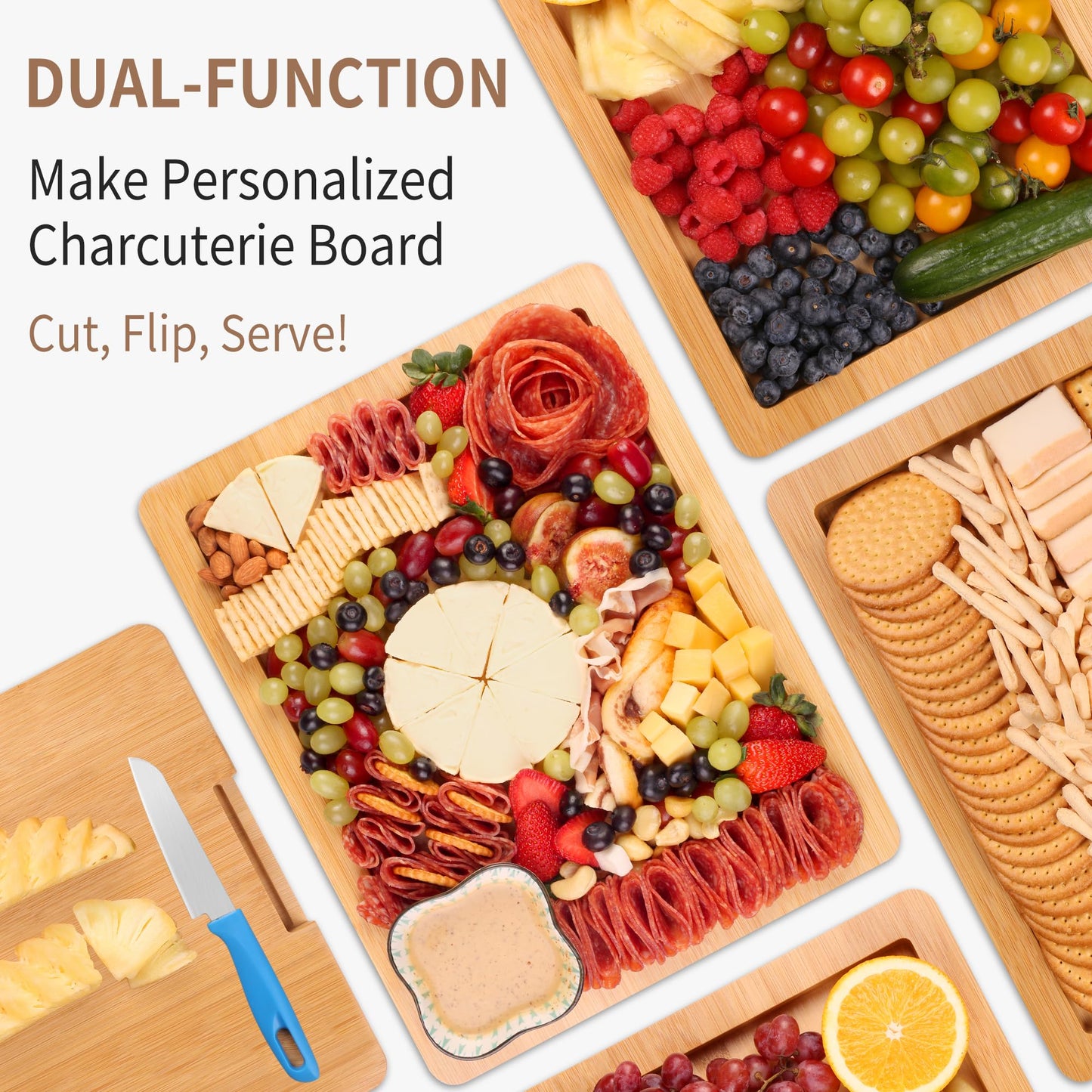 CAWIU Charcuterie Board with Lid and Handle - Portable Travel Design Bamboo Cheese Board Set with 4 Cheese Tools, Gift for Housewarming, Weddings, Picnics(1 Compartment, Black)