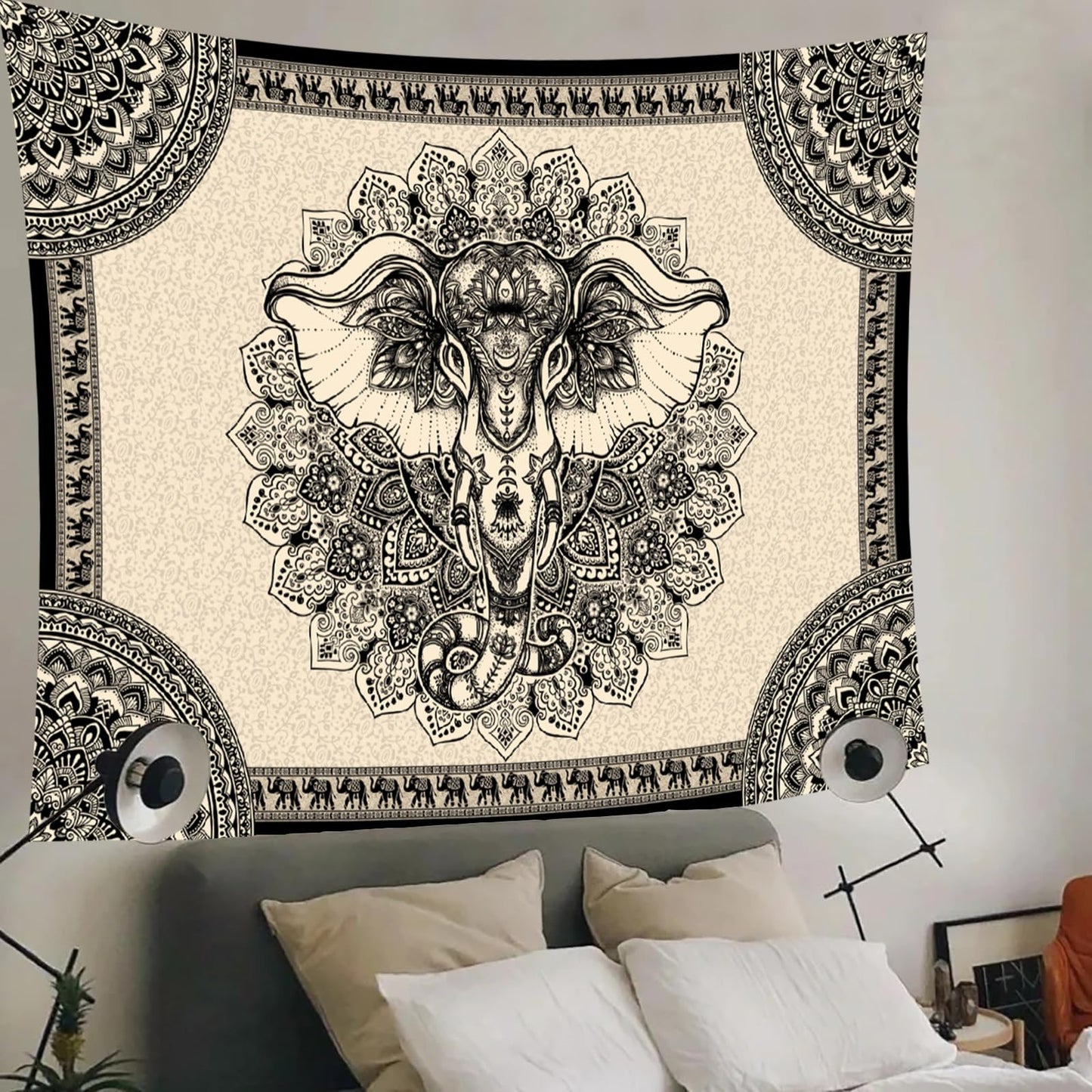 AACKart Mandala Elephant Wall Tapestry, Bohemian Hippie Boho Trippy Indie Aesthetic Home Tapestry, Black Yoga Mystic Vintage Wall Hanging for Bedroom Living Rooms College Dorm Studios-59x51 Inches
