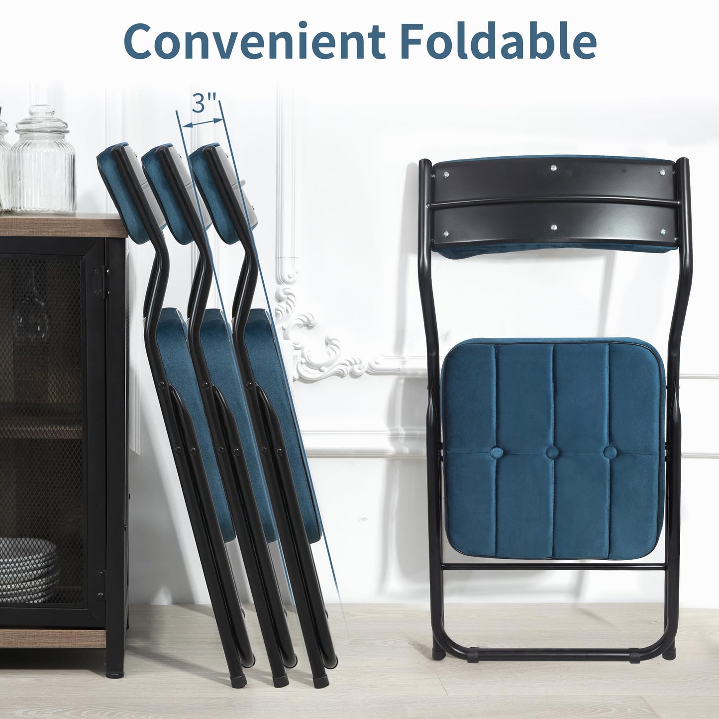 HOMEFUN Padded Folding Chairs 4 Pack - Foldable Dining Chair with Cushion, Portable and Assembled Extra Seat for Guests Kitchen Office Wedding Party Bule