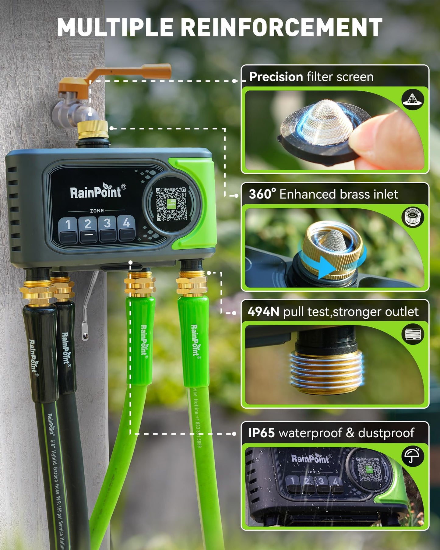 RAINPOINT WiFi Sprinkler Timer 4 Zone, Outdoor Smart Water Timer for Garden Hose with Brass Inlet&Outlet, Custom Programs via APP/Voice Control for Automatic Watering System