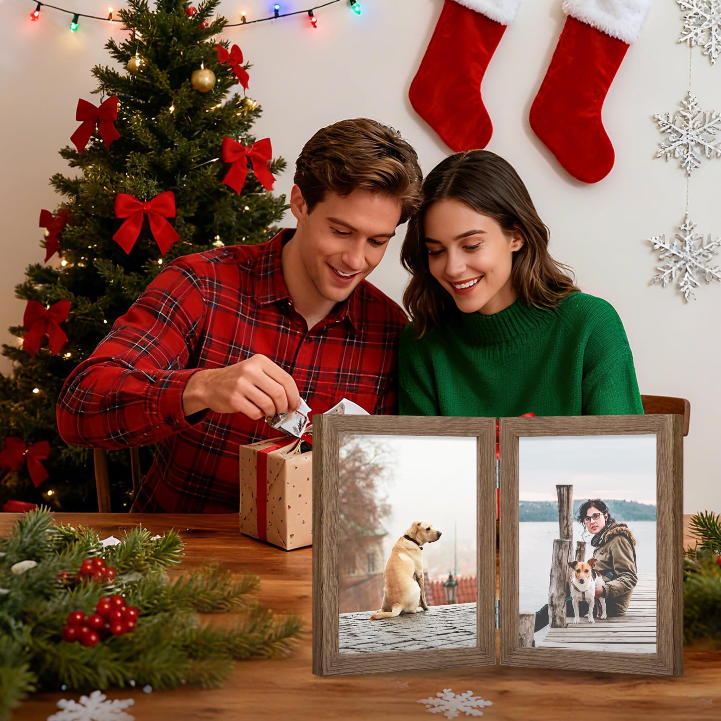 FOREV 4x6 Double Picture Frame Wooden Hinged Photo Frame Definition Glass Stand Vertically on Desktop or Tabletop