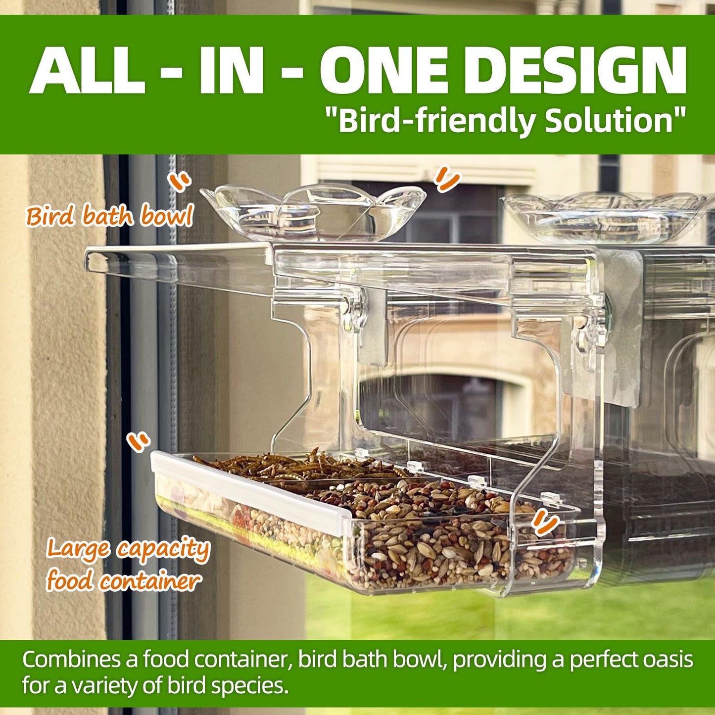 WENMIXER Window Bird Feeder with Non-Marking Self-Adhesive Hooks, Clear and Transparent, Outdoor Wild Bird Watching Gift, Garden Decor (Standard)