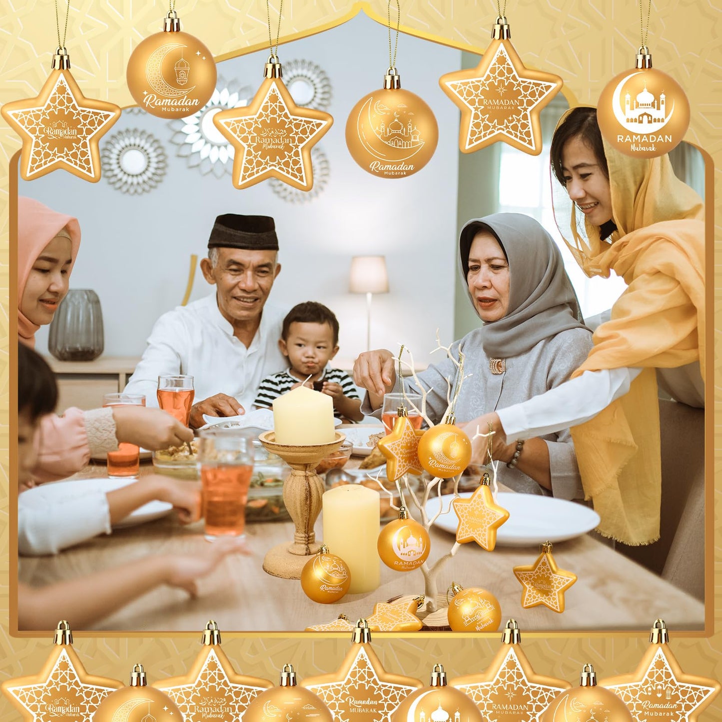 PullCrease 36 Pcs Eid Mubarak Decorations Ramadan Hanging Decorations Gold Moon Ornaments Plastic Eid Mubarak Hanging Balls Star Ramadan Islamic Decor for Home Window Islamic Muslim Tree Party Decor