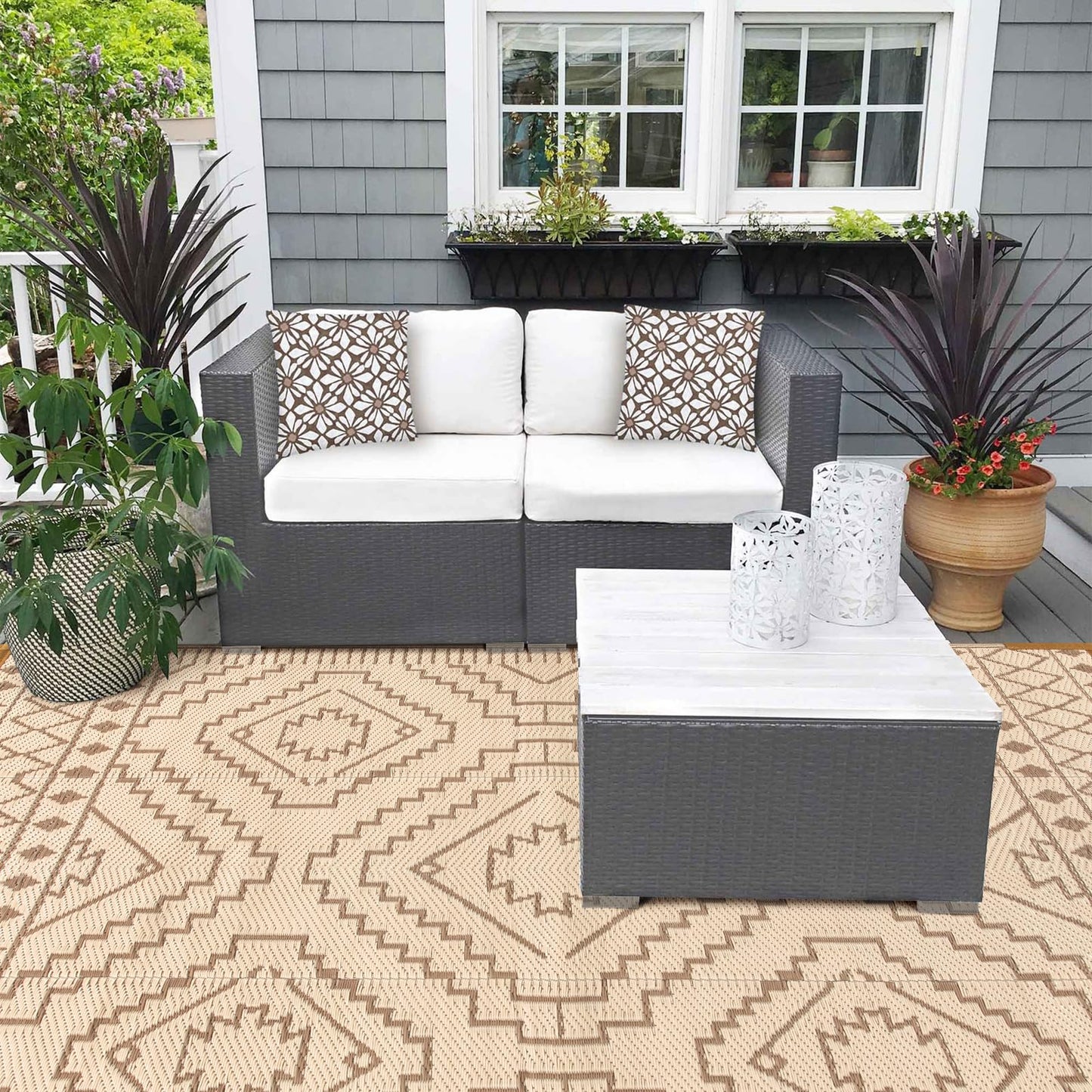 Wonnitar Outdoor Rugs 8x10 Waterproof Plastic Straw Rug, Large Outdoor Camping Rug for RV, Reversible Portable Outside Lightweight Area Rug for Backyard Balcony Beach Picnic (Beige & Brown,8'x10')
