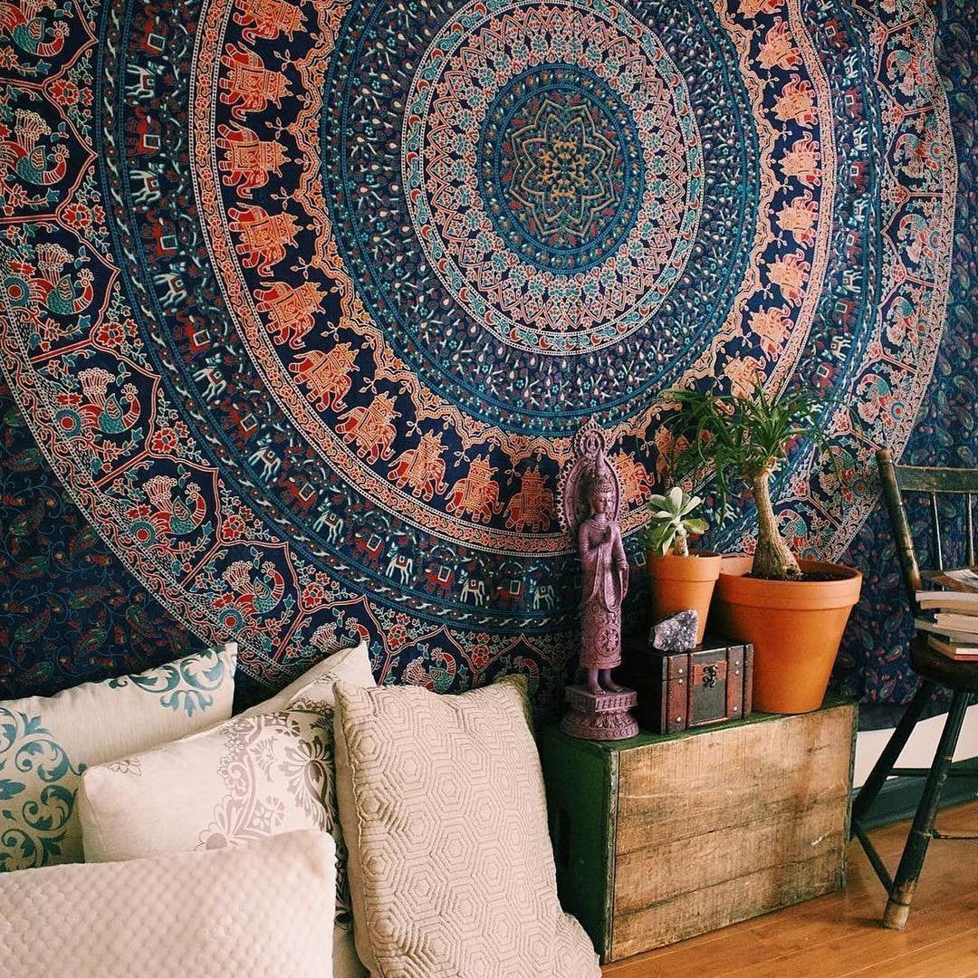 Bless International Indian-hippie-gypsy Bohemian-psychedelic Cotton-mandala Wall-hanging-tapestry-multi-color Large-mandala Hippie-tapestry (Golden Blue, King (88x104Inches)(225x265Cms))