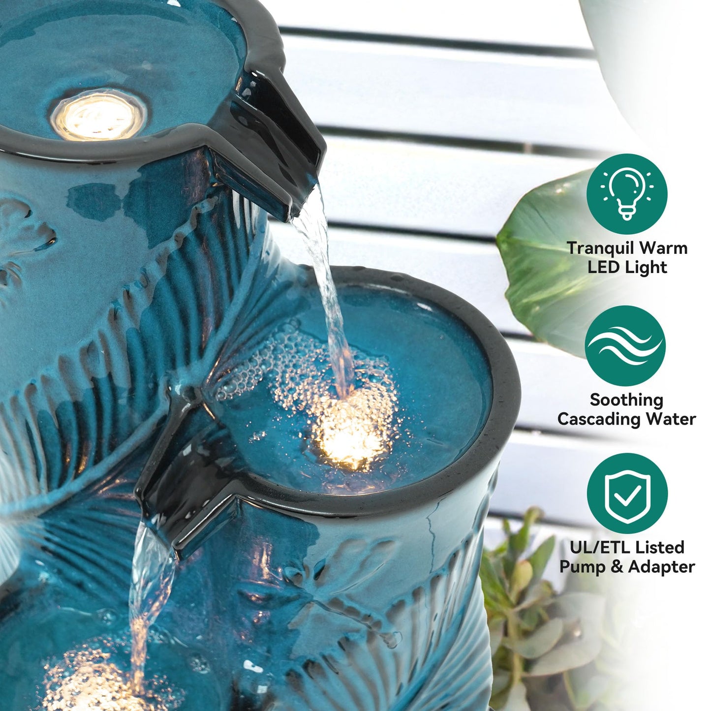 Autodaya Ceramic Outdoor Water Fountain with LED Lights, 25.5" H 3-Tier Bamboo-Style Water Feature with Tropical Leaf & Dragonfly Texture, Soothing Cascading Waterfall for Garden Patio Yard Oasis