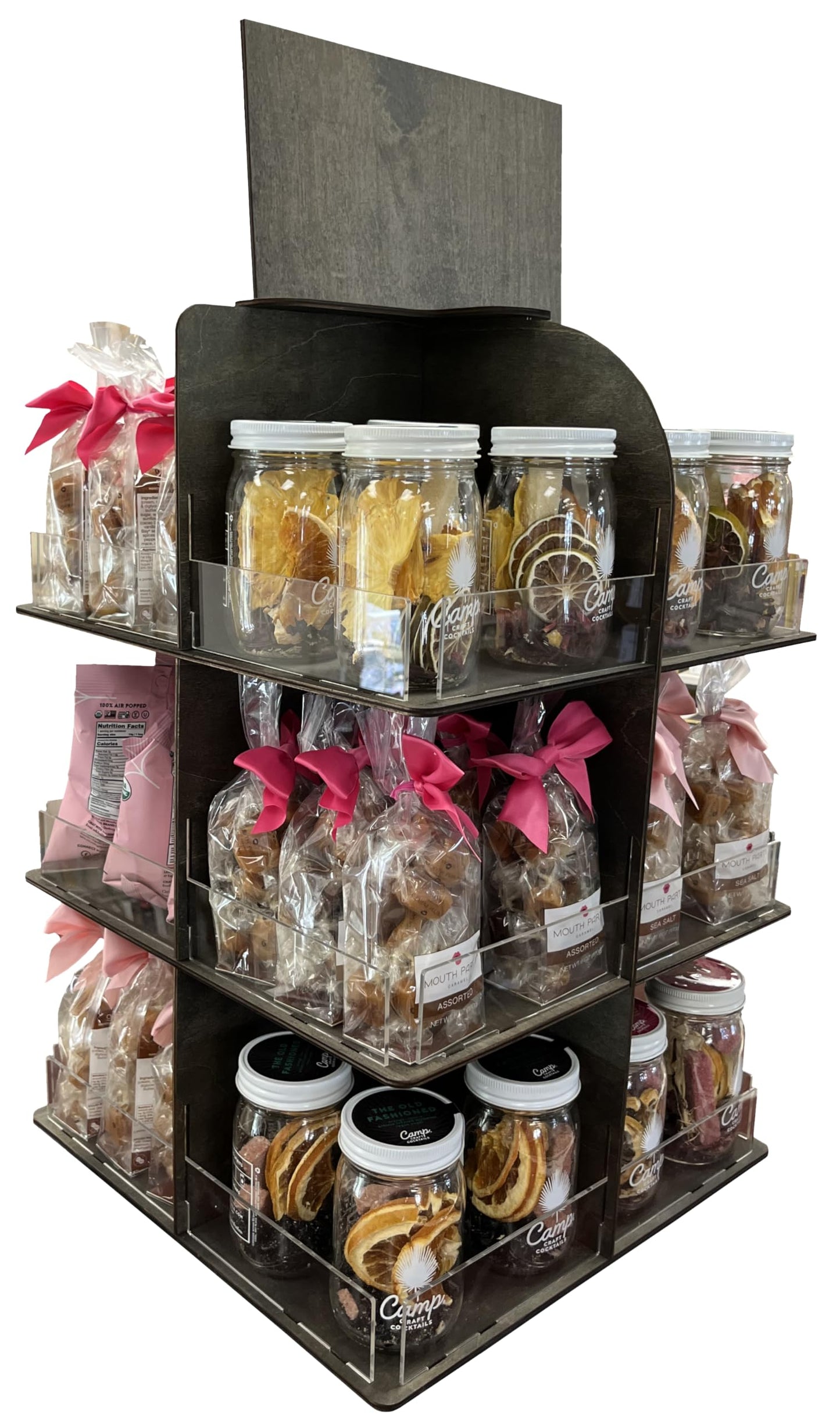 Versatile 4-Sided Rotating Display Stand for Candy, Snacks, Jams, Produce and More - Ideal for Craft Shows, Farmers Markets, and Retail Stores - 12 Shelves, Heavy-Duty Design, Easy Setup (Black)