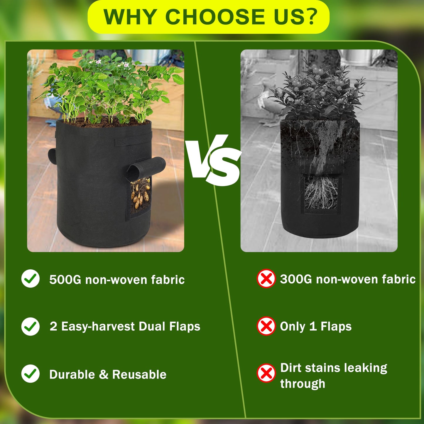 SORANGEUN Potato Grow Bags, 2-Pack 15-Gallon Grow Bags with 2 Flaps and Reinforced Handles, Heavy-Duty Thickened 500G Aeration Fabric Pots for Potatoes, Tomatoes, Flowers, and Vegetables