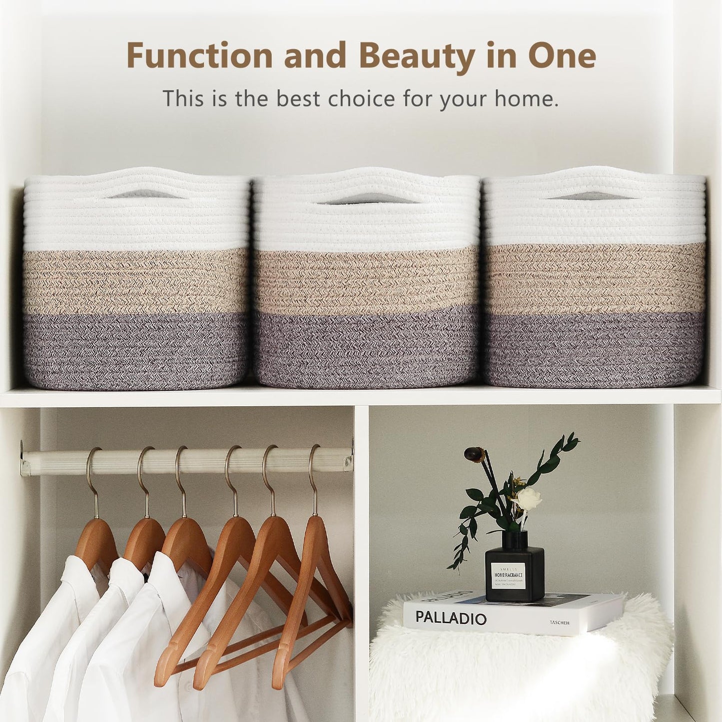 ECDYQXVU Cotton Rope Storage Basket, 15x10x9 Inches, Woven Basket for Shelves, Clothes, Towels, Books, and Laundry, White Brown (1 Pack)