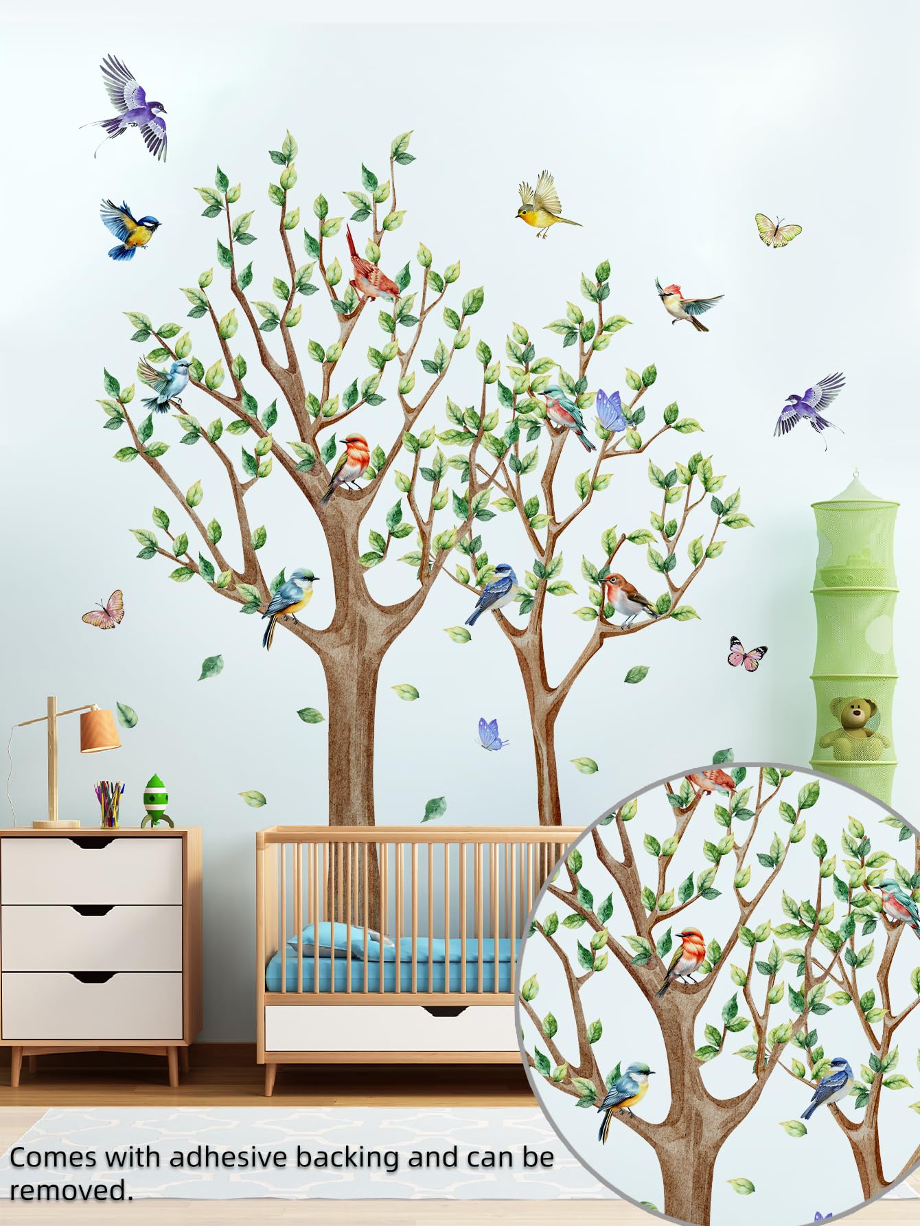 Tree Bird Wall Stickers - Green Flying Leaf Butterfly Vinyl Peel & Stick Removable Wall Art Decals Decorative for Living Room Kid Bedroom,83.54 cm x 78.79 cm