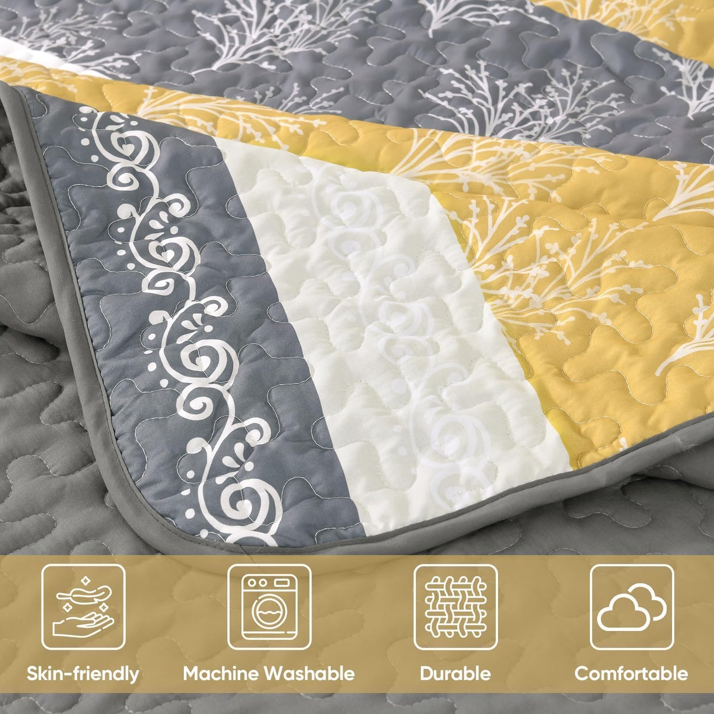 DJY Yellow Boho Quilt Set Queen Size, Striped Floral Yellow and Grey Bedspread Coverlet, 3 Pieces Patchwork Stripe Quilt Bedding Set Soft Microfiber Reversible Bedspread for All Season (96"x90")