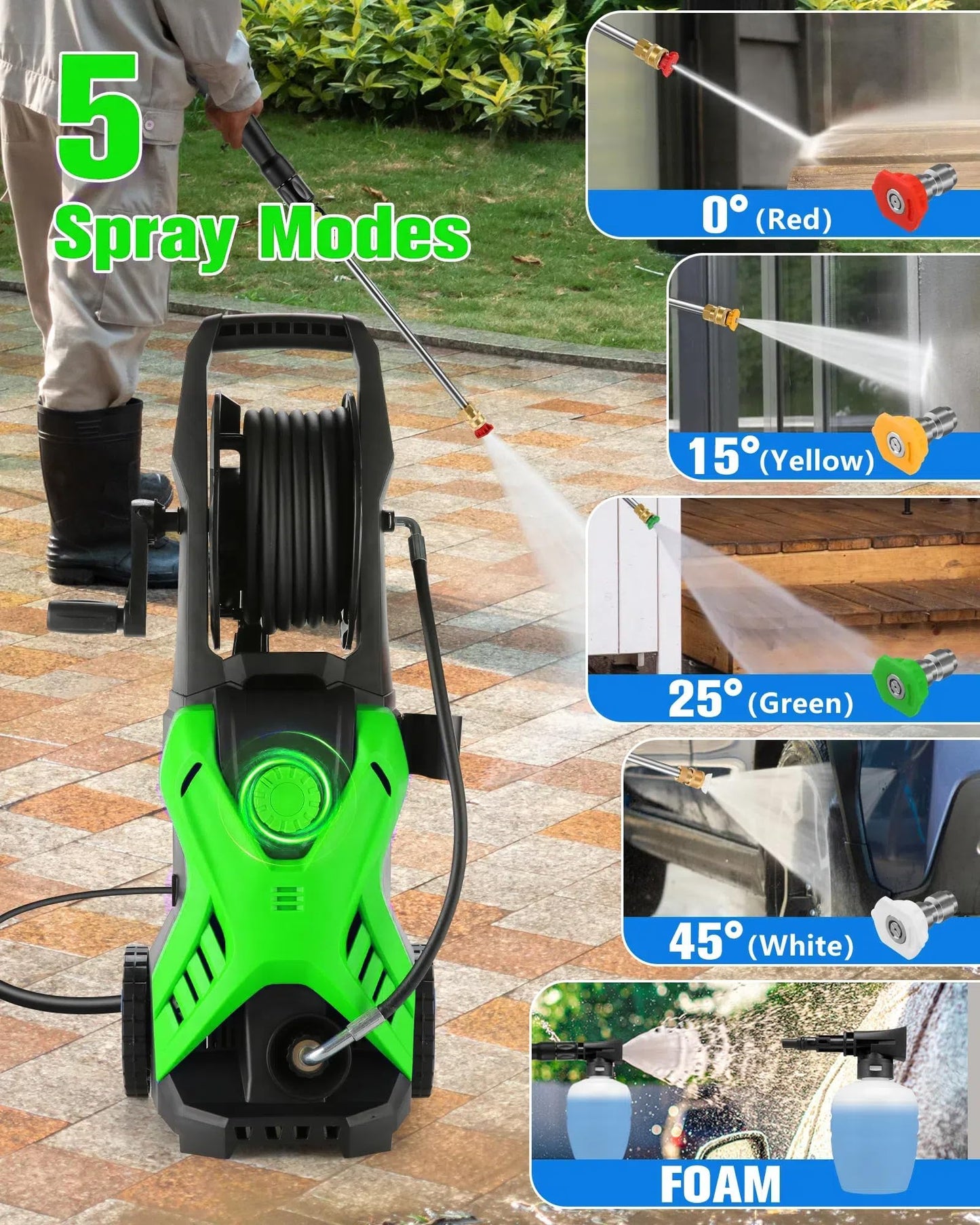 Electric Pressure Washer, 2.8 GPM High Power Washer Adjustable Pressure 2500PSI-5000PSI with 33FT Extension Hose Reel, 4 Nozzles and Soap Bottle for Cars/Fences/Driveways