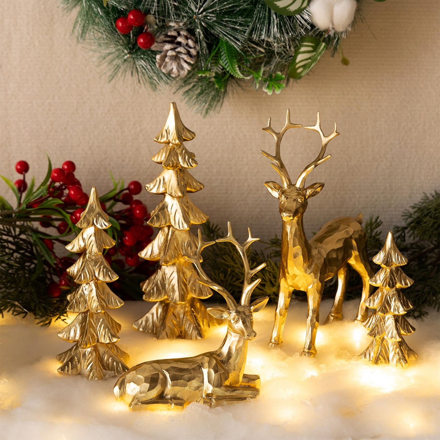 Gleemoria 5pc Gold & Silver Christmas Reindeer & Tree Statue Set; Tabletop Decor; Gold Deer Figurines