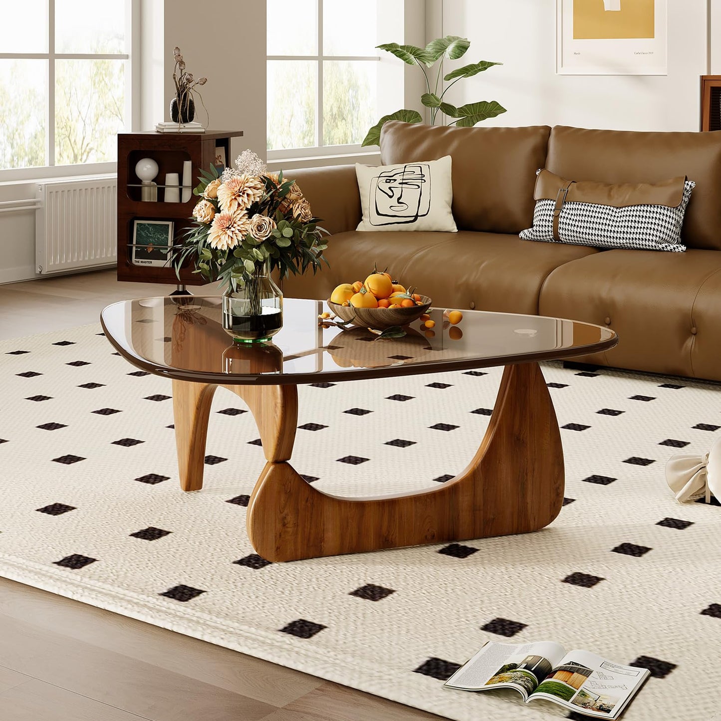 JCAJCA Coffee Table for Living Room Mid Century Modern Center Table with Glass Top and Wood, Brown/Walnut