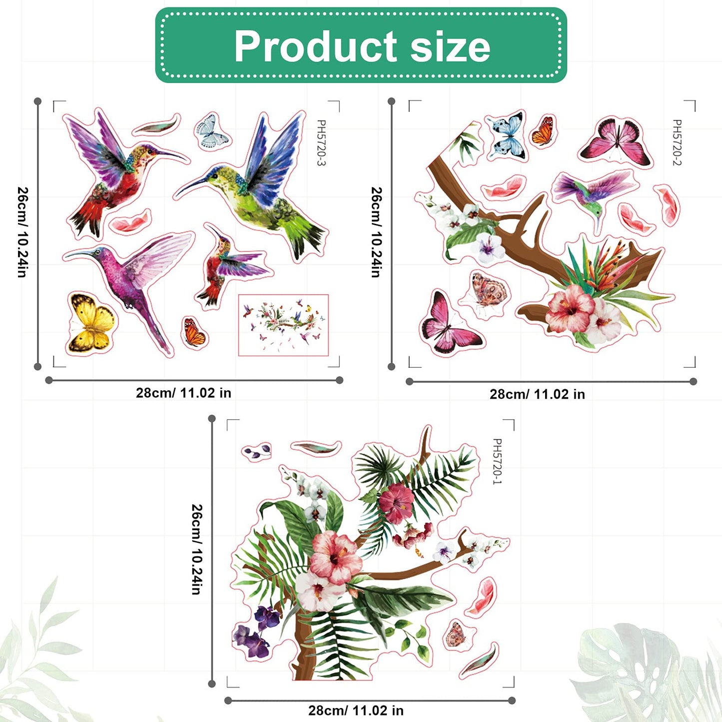 Zonon Hummingbirds Wall Decals Peel and Stick Birds Vinyl Wall Stickers Butterfly Flowers Colorful Hummingbird on the Tree Branch Flower Decals Garden Living Room Bedroom TV Decorations