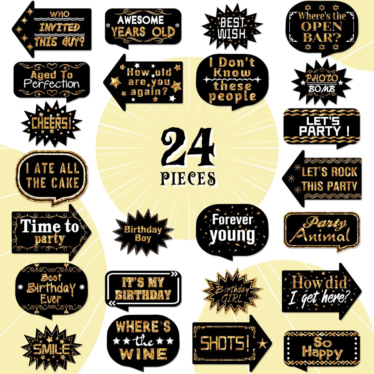 Outus 24 Pieces Photo Booth Props Birthday with Stick Happy Birthday Weddings Graduation Prom Bday Wedding New Year Party Supplies Funny Photo Booth Pose Signs Selfie for Men Women(White, Gold)