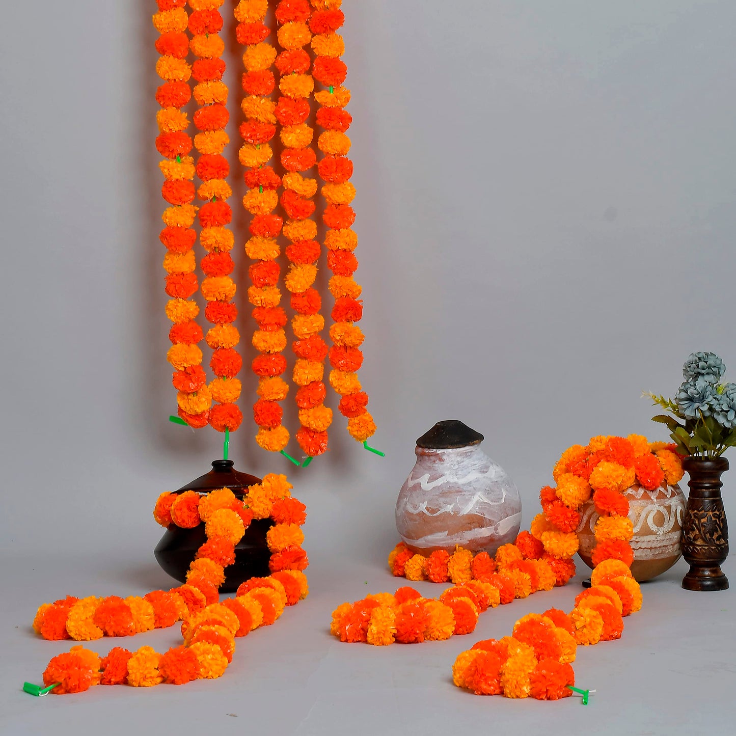 Krati Exports 5 PC - 5 feet Marigold Garland |Indian/American Wedding Party Mantle Decoration, Faux Garlands Wedding Garland, Diwali Decoration, Spring Bush Floral! (Light Yellow and Dark Yellow)