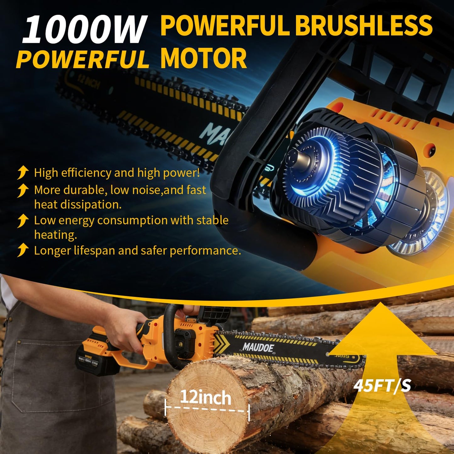 MAUDOE 12" Telescoping Codless Chainsaw, 2-in-1 Cordles Pole Saw with 2 x 4.0Ah Batteries, 21V Brushless ChainSaw with 2 Chains & 2 Guide Plates, Tool-Free Tension, for Tree Trimming & Branch Cutting