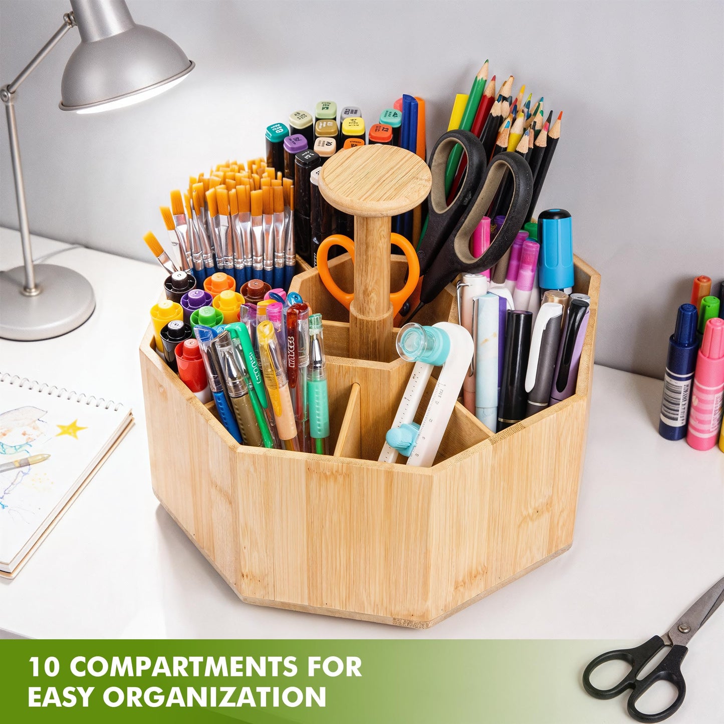 CraftGenes Bamboo Rotating Pen Organizer for Desk, 360° Spinning Desk Organizer with 10 Compartments, Wooden Pencil Holder, Desk Caddy for Office Supplies, Marker Organizer for Office Home School