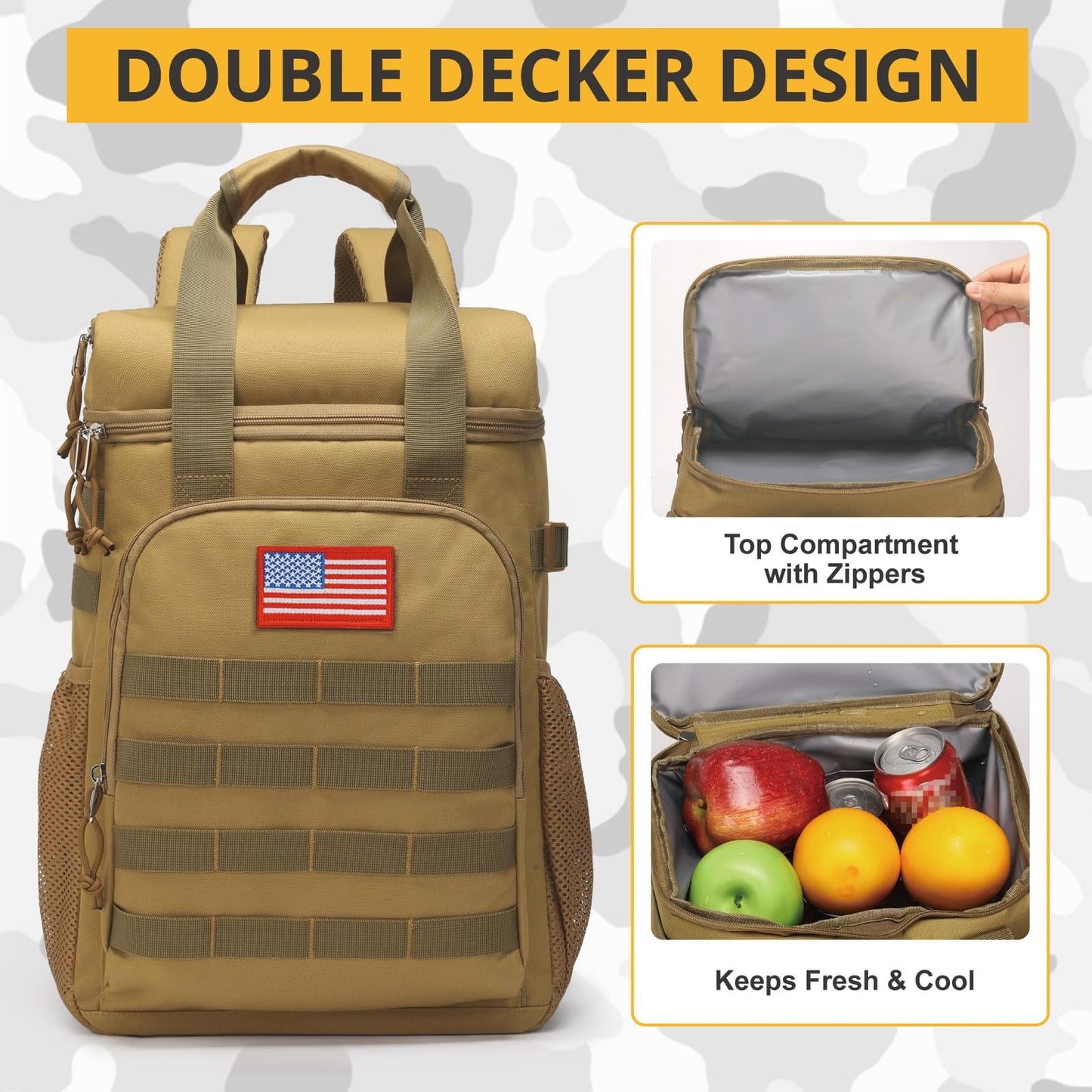Tactical Backpack Cooler,Lunch Backpack for Men Work with Handle，Soft Cooler Backpack Insulated Waterproof Leak Proof，Heavy Ice Chest Backpack for Hiking Camping(Brown)