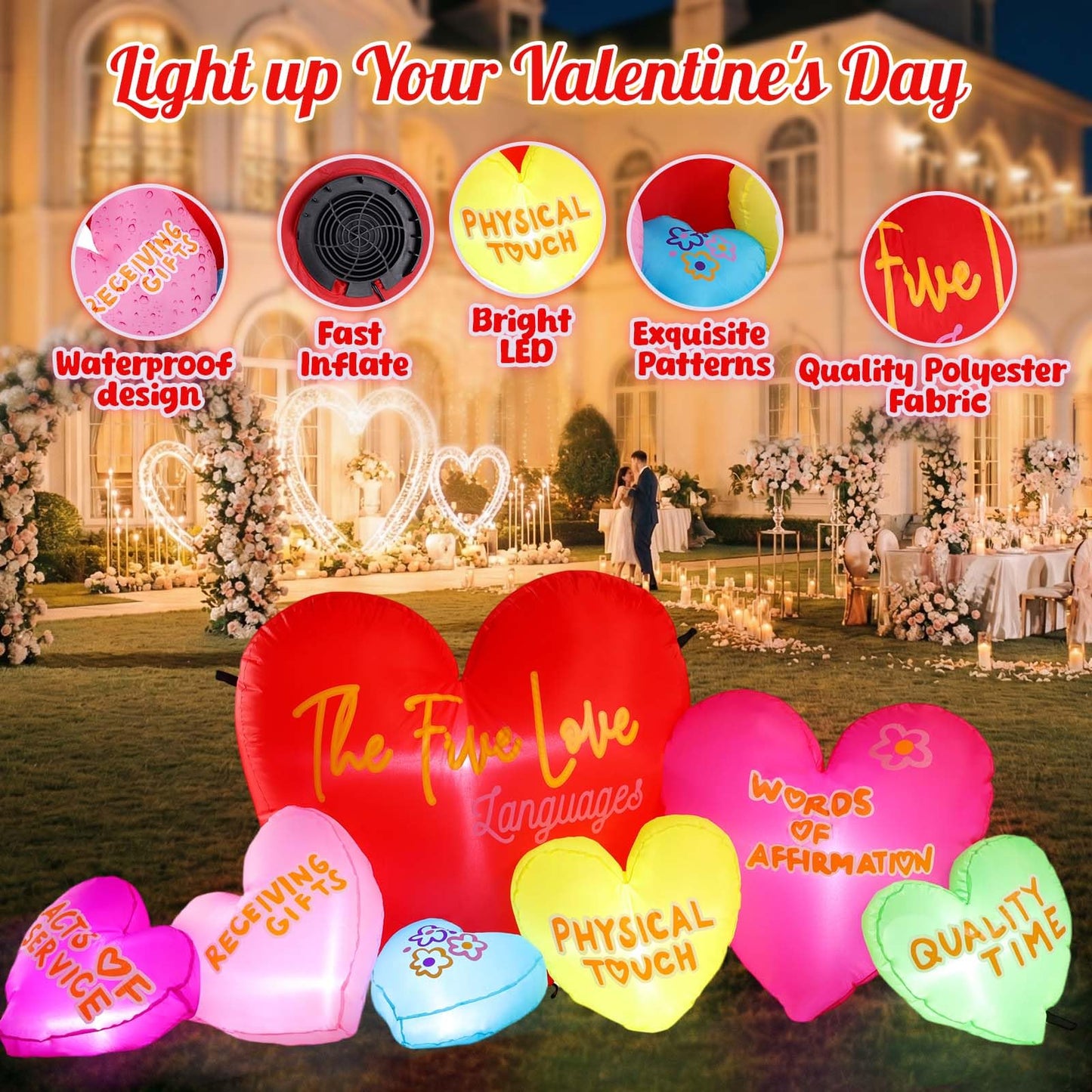 Valentines Inflatables Outdoor Decor, 6FT Long 5 Love Languages Hearts Blow Up Yard Decor with LED Lights, 7 Romantic Hearts Proposal Anniversary Wedding Lawn Garden Decoration, Weather Resistant