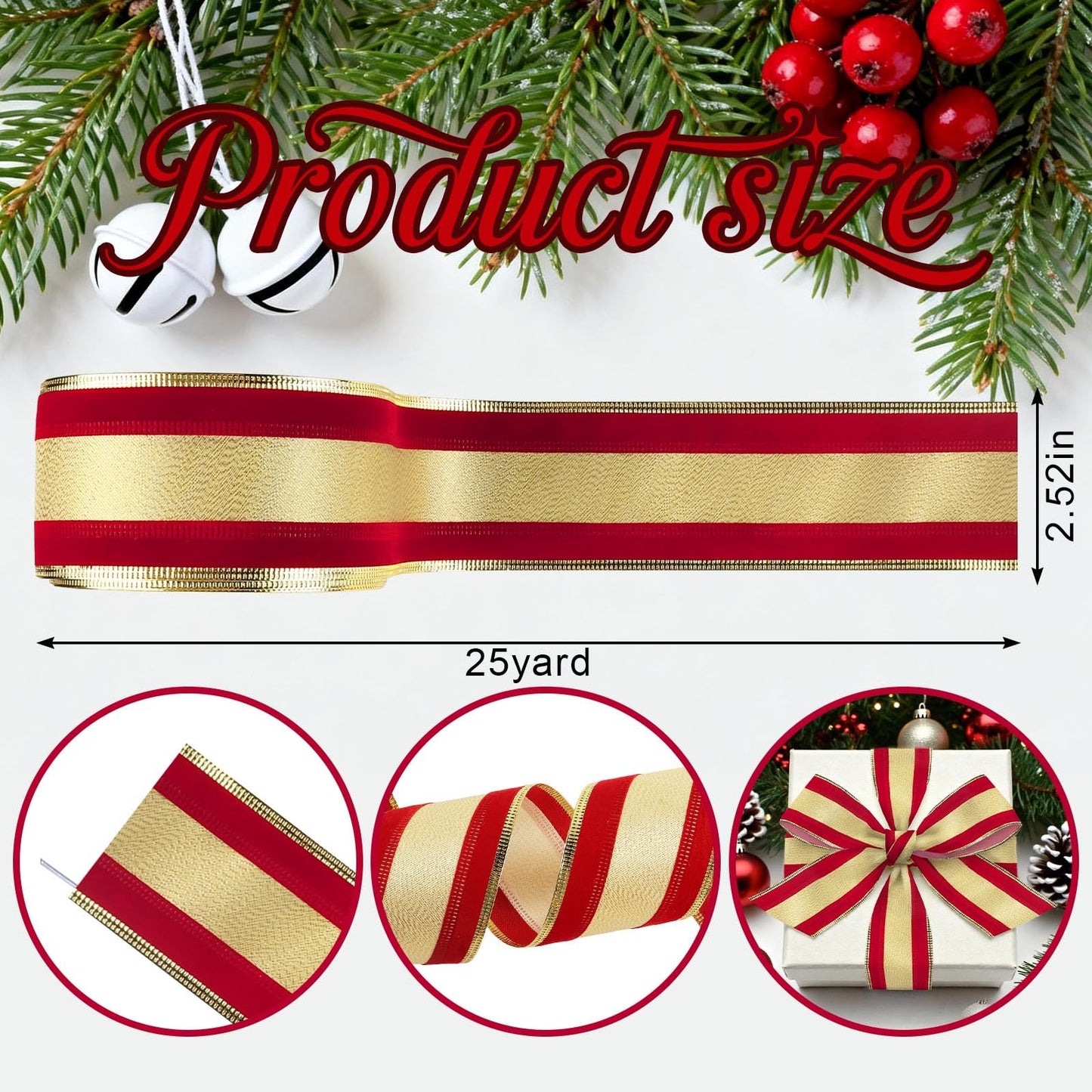 ABTOLS 25 Yards Christmas Ribbons 2.5", Red Gold Stripe Wired Edge Burlap Ribbon Champagne Ribbons for Xmas Farmhouse Decor New Year DIY Crafts Wreaths Bow