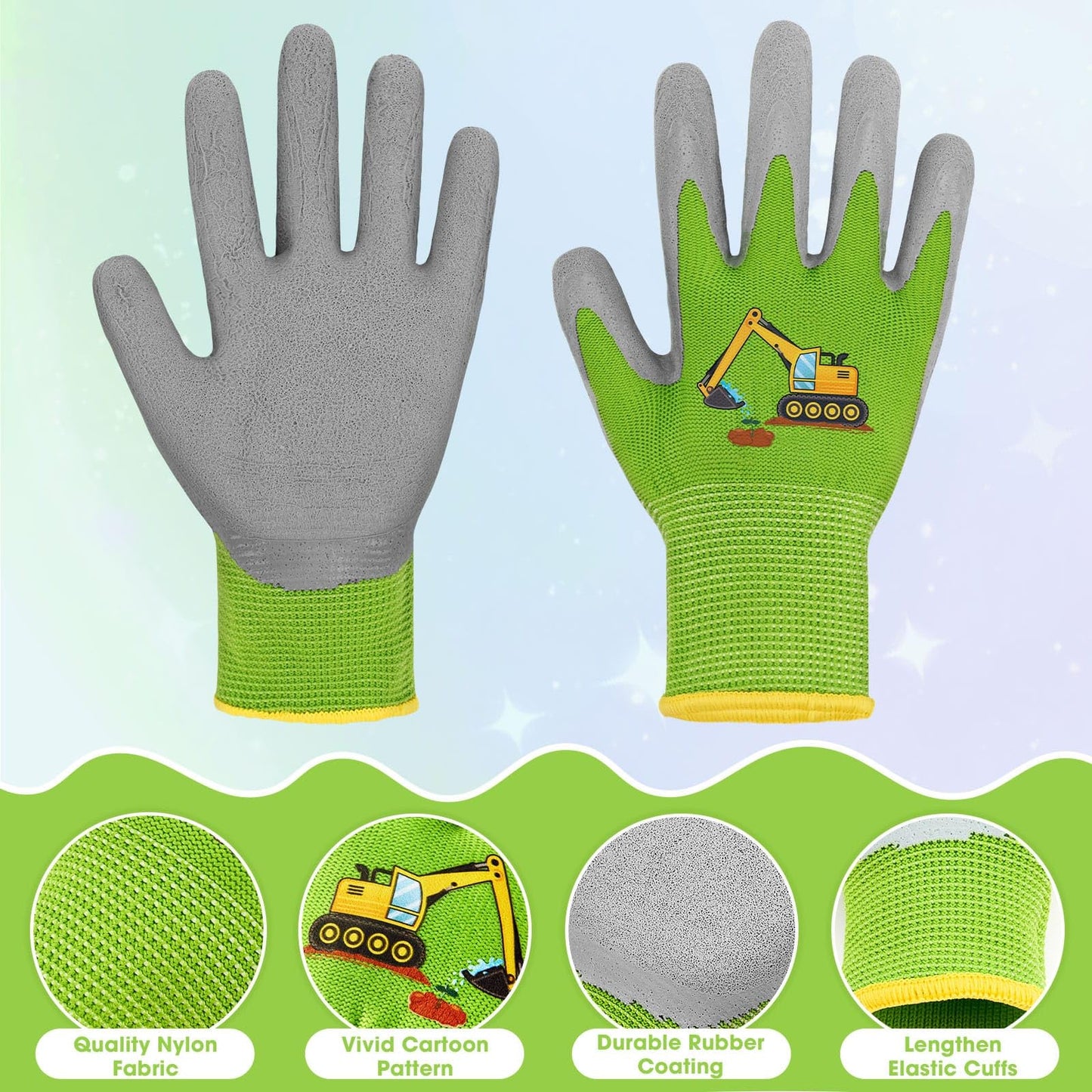 WAWSAM Kids Gardening Gloves 3 Pairs Toddlers Rubber Coated Work Gloves Children Garden Gloves Thorn Proof Heavy Duty (Blue & Green & Orang(Truck), Medium (Age 5-7))