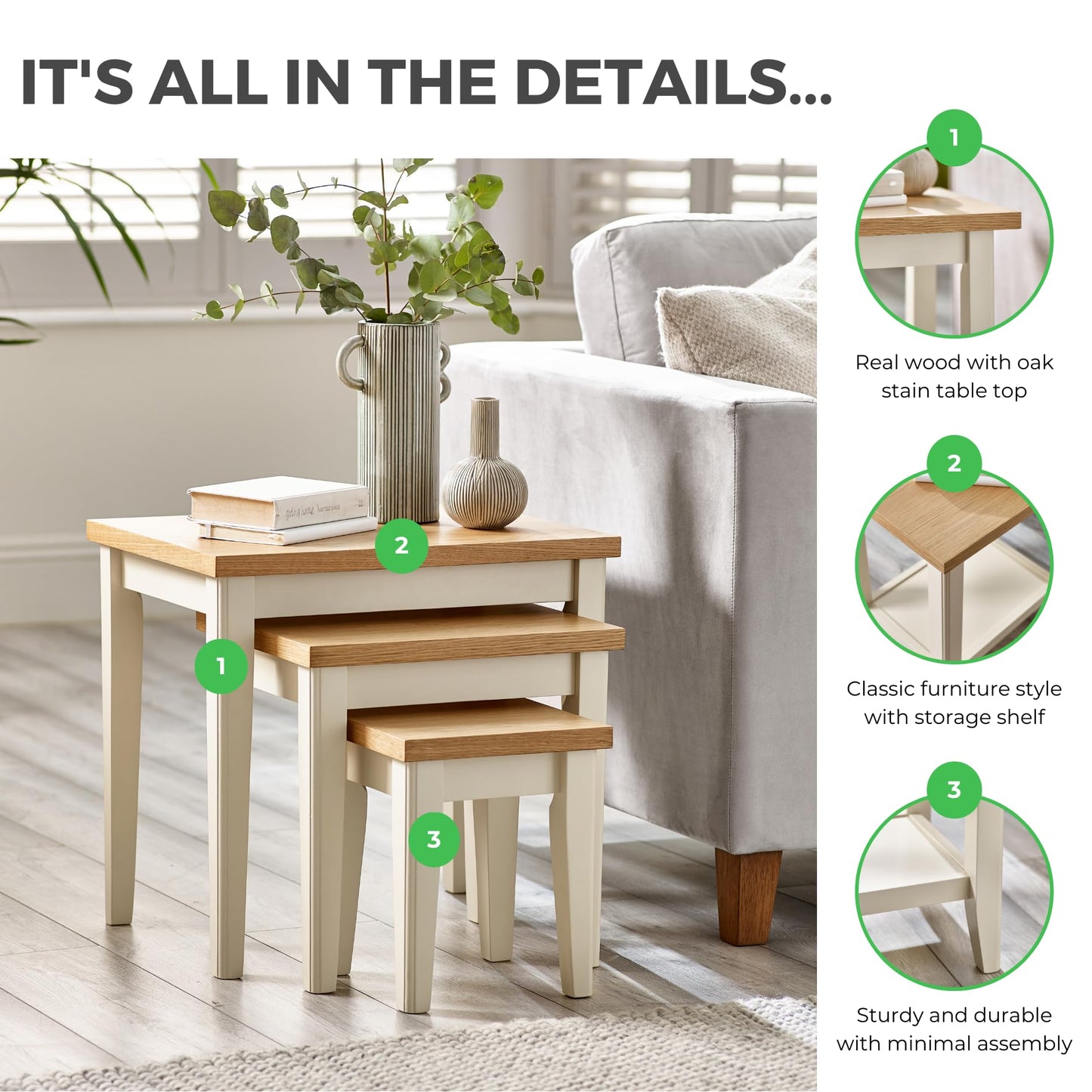 Furniturebox UK Set of 3 Wooden Nesting Tables - Eden Solid Wood Nested Tables - Pale Oak Veneer Tops Cream Legs - Modern Farmhouse Traditional Living Room Furniture - Solid Rubberwood