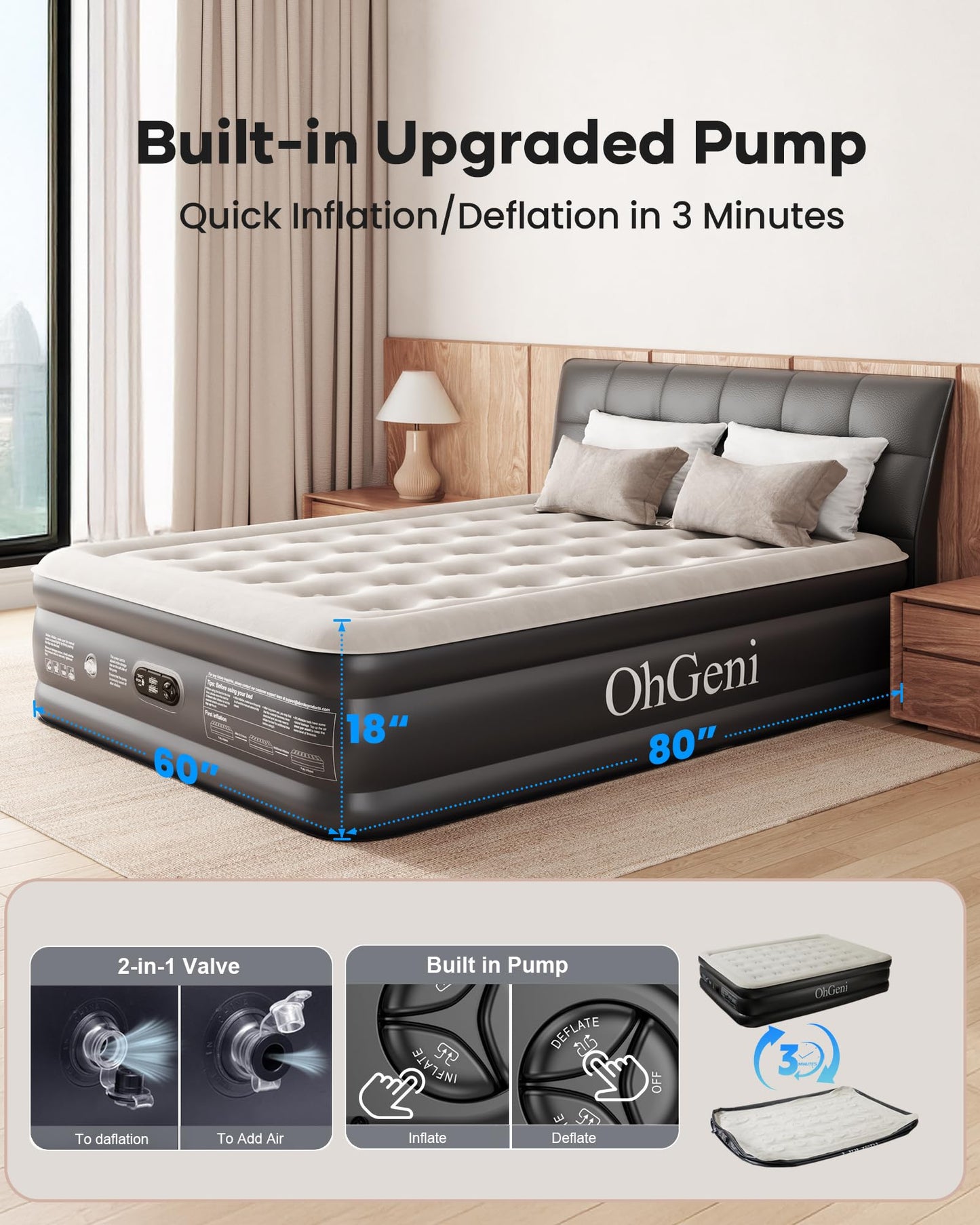 OhGeni Queen Air Mattress with Built in Pump, Ideal Alternative to a Bed, Inflatable Blow Up Mattress 18 Raised Comfort, Portable Bed for Home, Camping, Colchone Inflable, Gift for Mom, 1-Pack Only