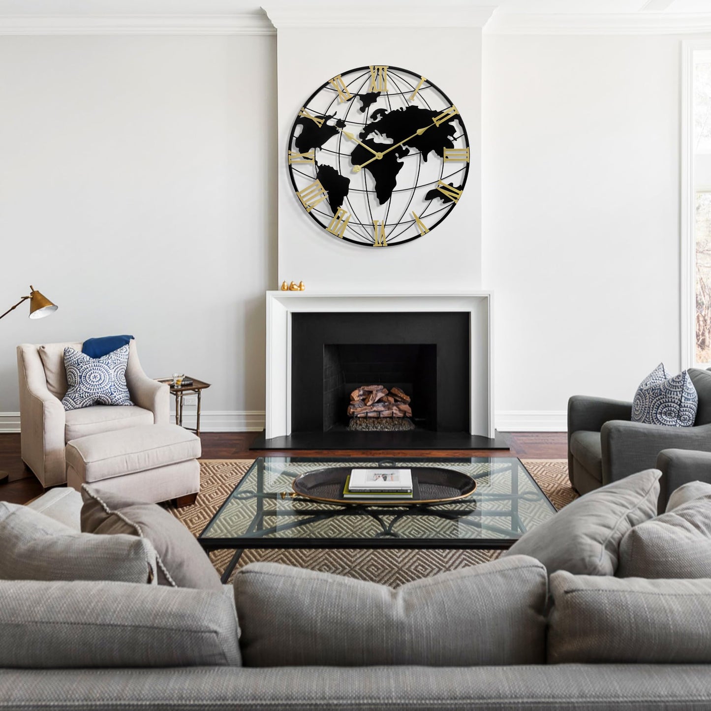 LEIKE Large Wall Clock 24IN, World Map Modern Style Wall Clocks, Big Clock for Wall Living Room Decor, Office Wall Decor, Silent Non-Ticking for Bedroom, Kitchen, School