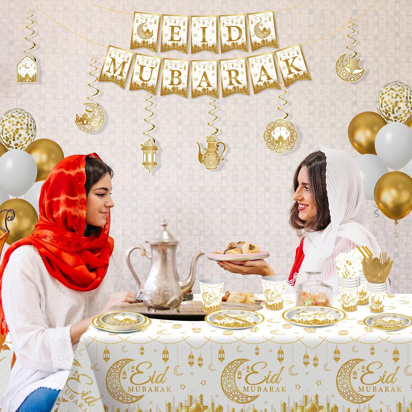 Eid Mubarak Decorations Set, 191 Pcs Party Supplies Serves 24, Cohesive Eid Decor for Family Parties, Iftar & Mosque Events White&Gold