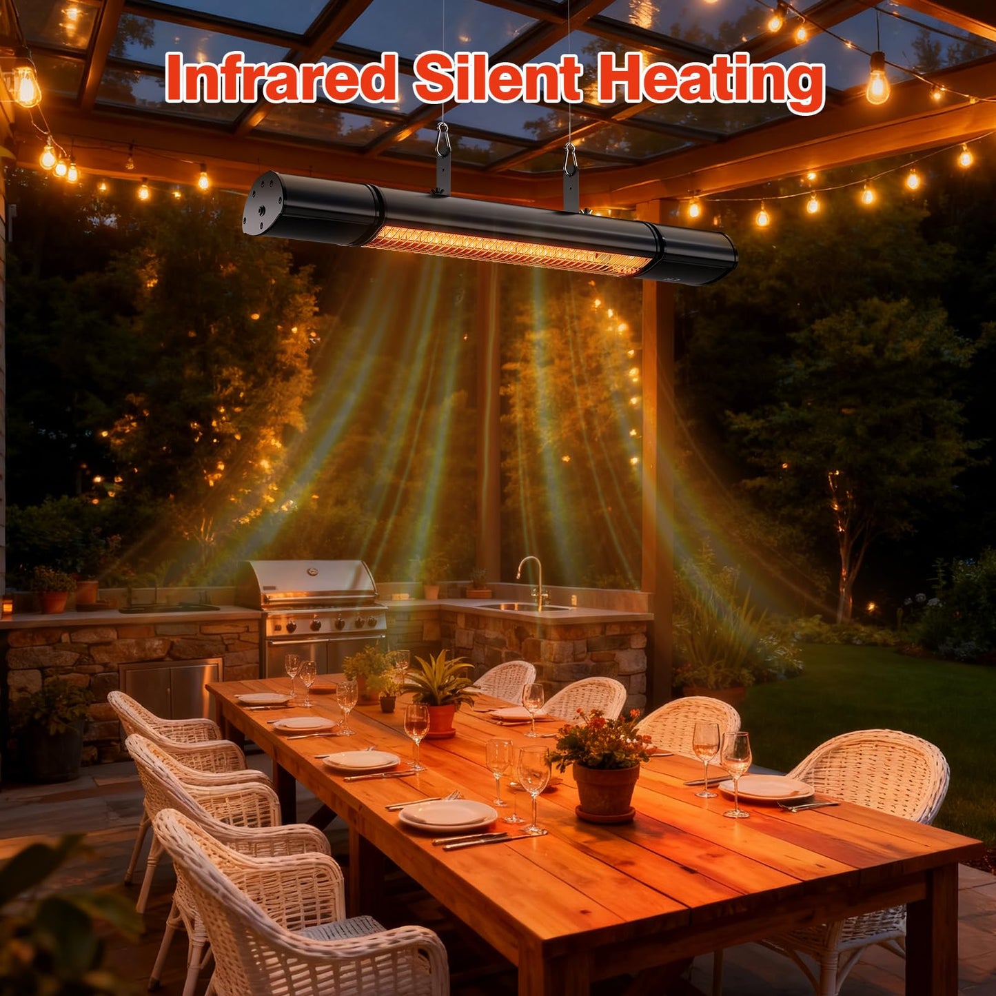 Electric Hanging Patio Heater with remote control, built in Temperature Control, Wall mounted or ceiling mounted, Suit for Outdoor, 1500W, Black