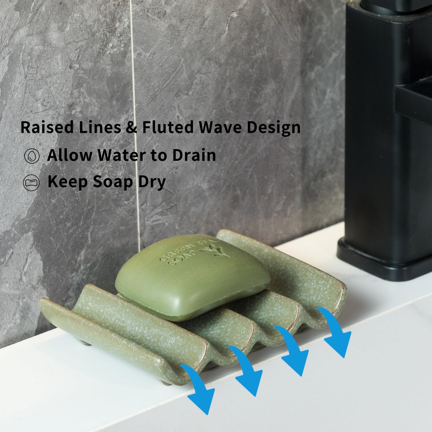 Cormomu Draining Ceramic Soap Dish - Fluted Design, Bar Soap Holder for Shower & Bathroom, Soap Saver Sponge Lift, Green