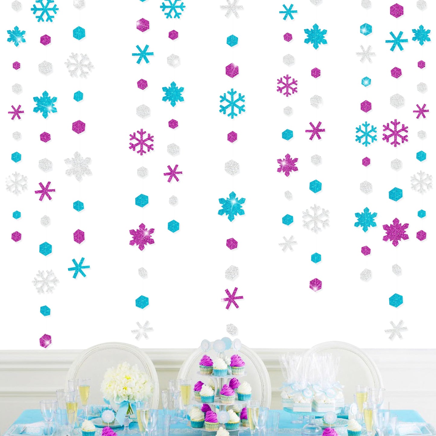 52 Ft Snowflakes Party Decorations Silver Purple Blue Glitter Paper Snowflakes Garland Streamer for Winter Wonderland Christmas Holiday Frozen Birthday Wedding Baby Shower Bridal Shower Party Supplies