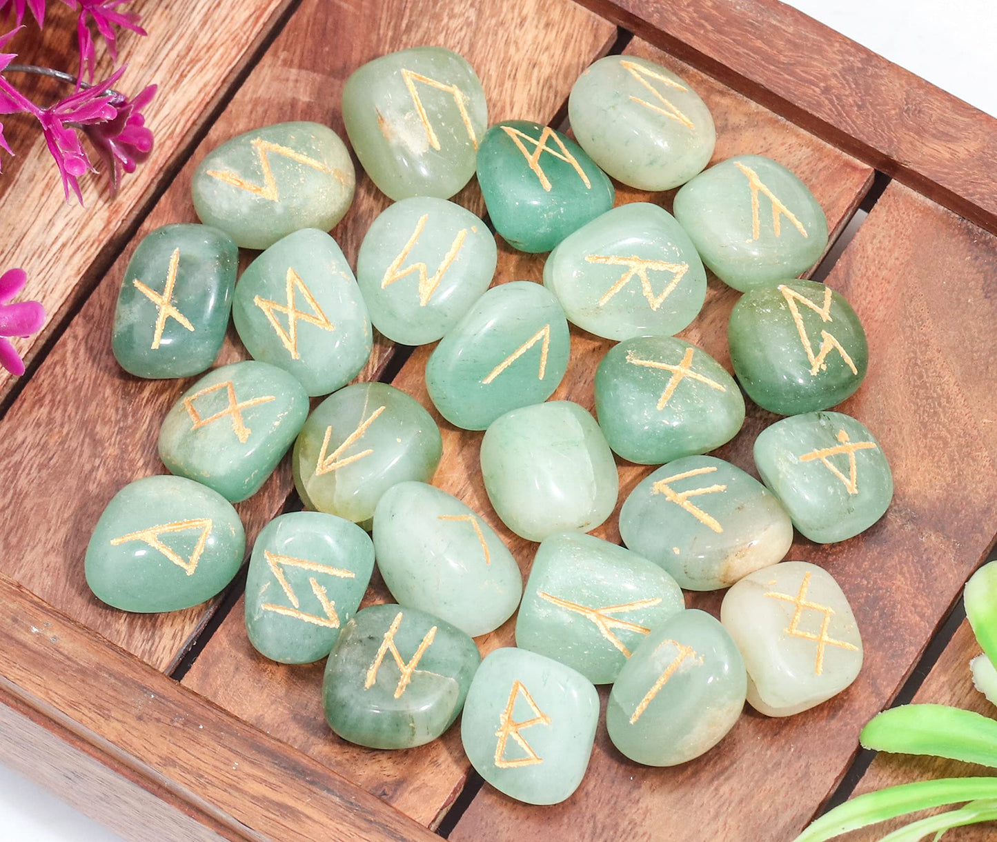 Crocon Green jade Gemstone Rune Stone with Elder Futhark Alphabet Engraved Symbol 25 pcs Set for Feng Shui Reiki Crystal Healing Chakra Balancing Metaphysical Decor Size: 15-25 mm