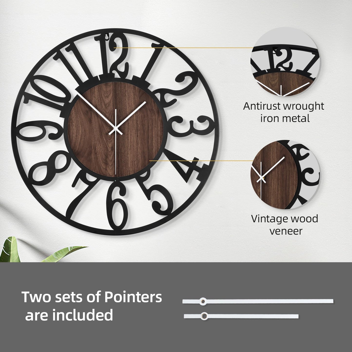 LEIKE Large Wall Clock 20'' Lighted Rustic Wood Clock with Remote Timer, Silent Battery Operated Modern Oversized Wall Clock for Living Room, Bedroom, Farmhouse, Home Decor, Large Number Display