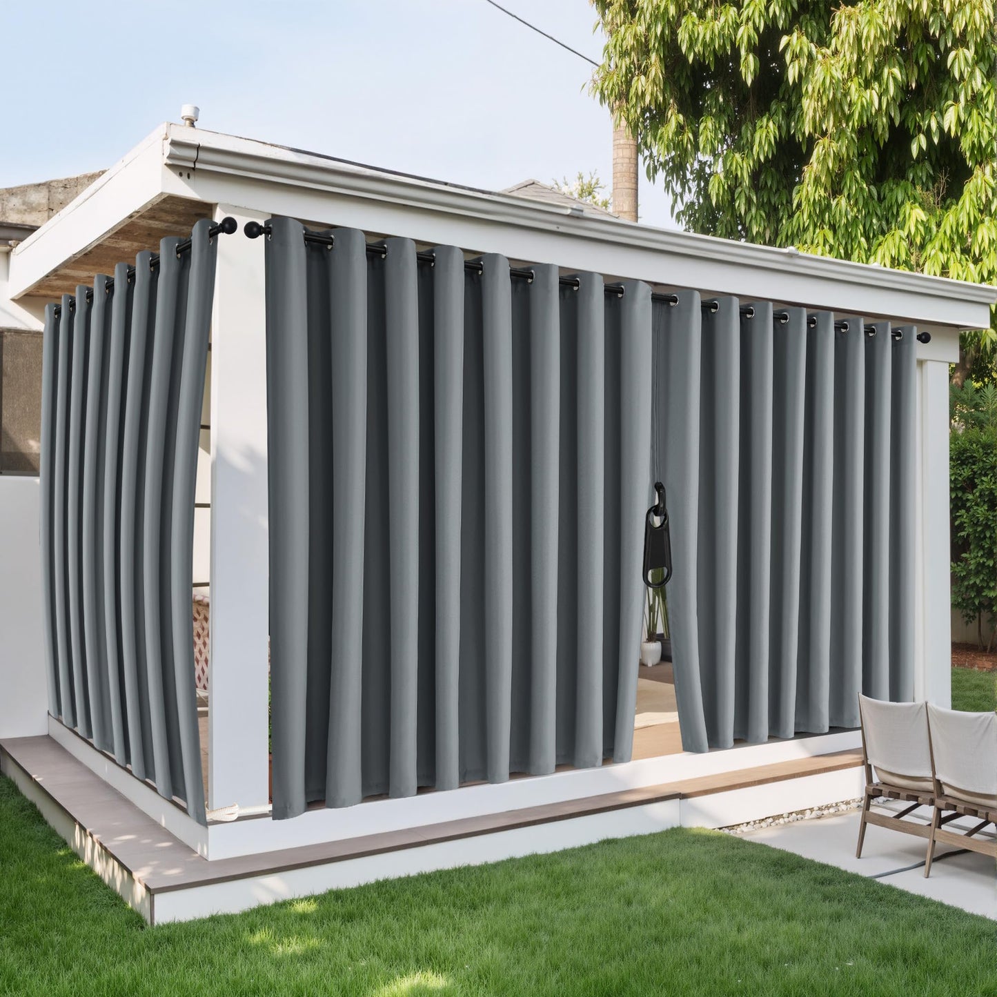 NICETOWN Gazebo Curtains for Outdoor Waterproof 2 Panels, W110 x L95 in, Zipper Patio Curtains Top Grommet & Bottom Back Tab with Rope, Windproof & Privacy Sun Blocking Shades for Porch Pergola, Grey