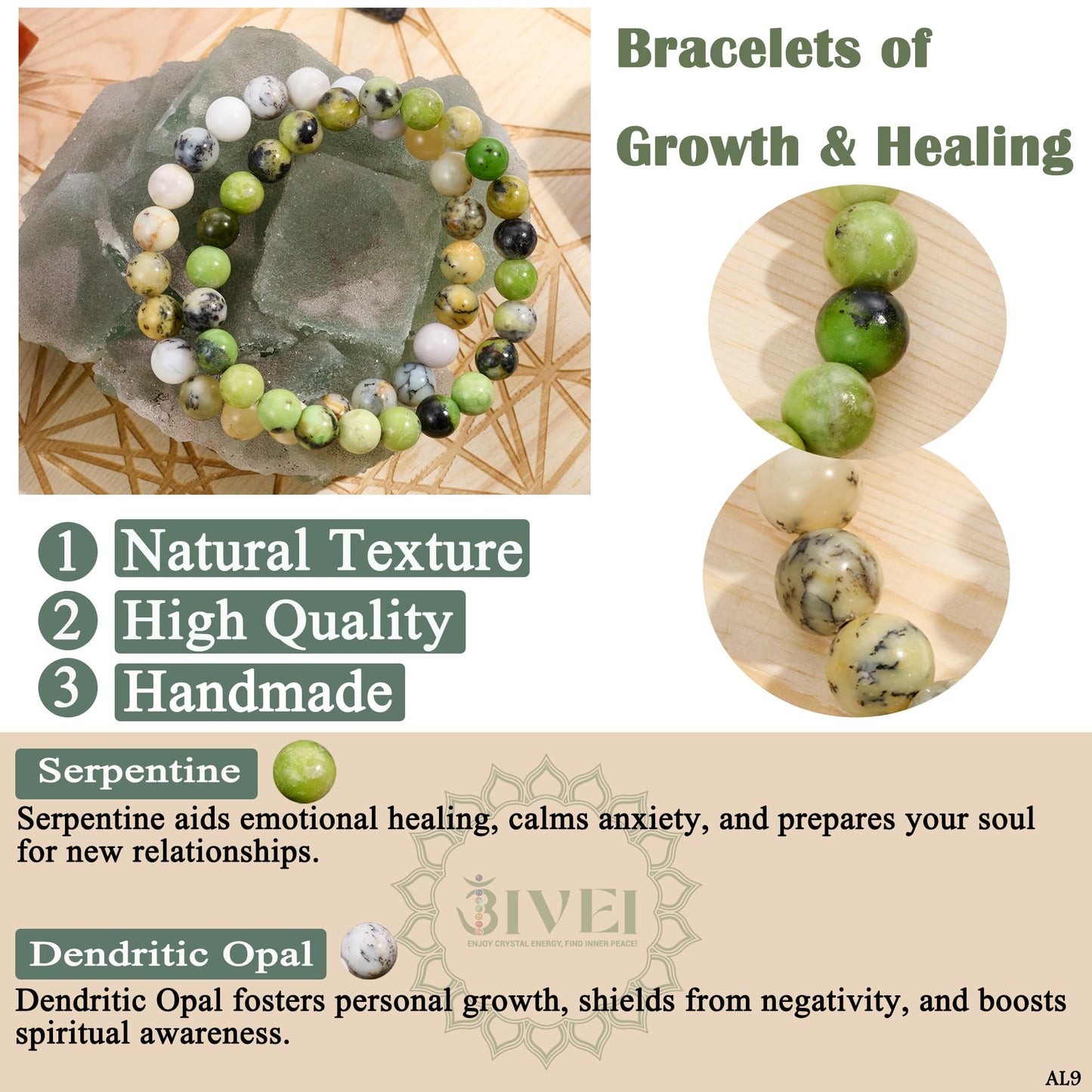 Bivei Natural Gemstone Semi Precious Crystals Handmade Stretchy Round Beads Bracelet, Enhance Positive Energy,Stocking Stuffers for Women(Opal fosters & Serpentine(Growth & Prosperity) Medium)