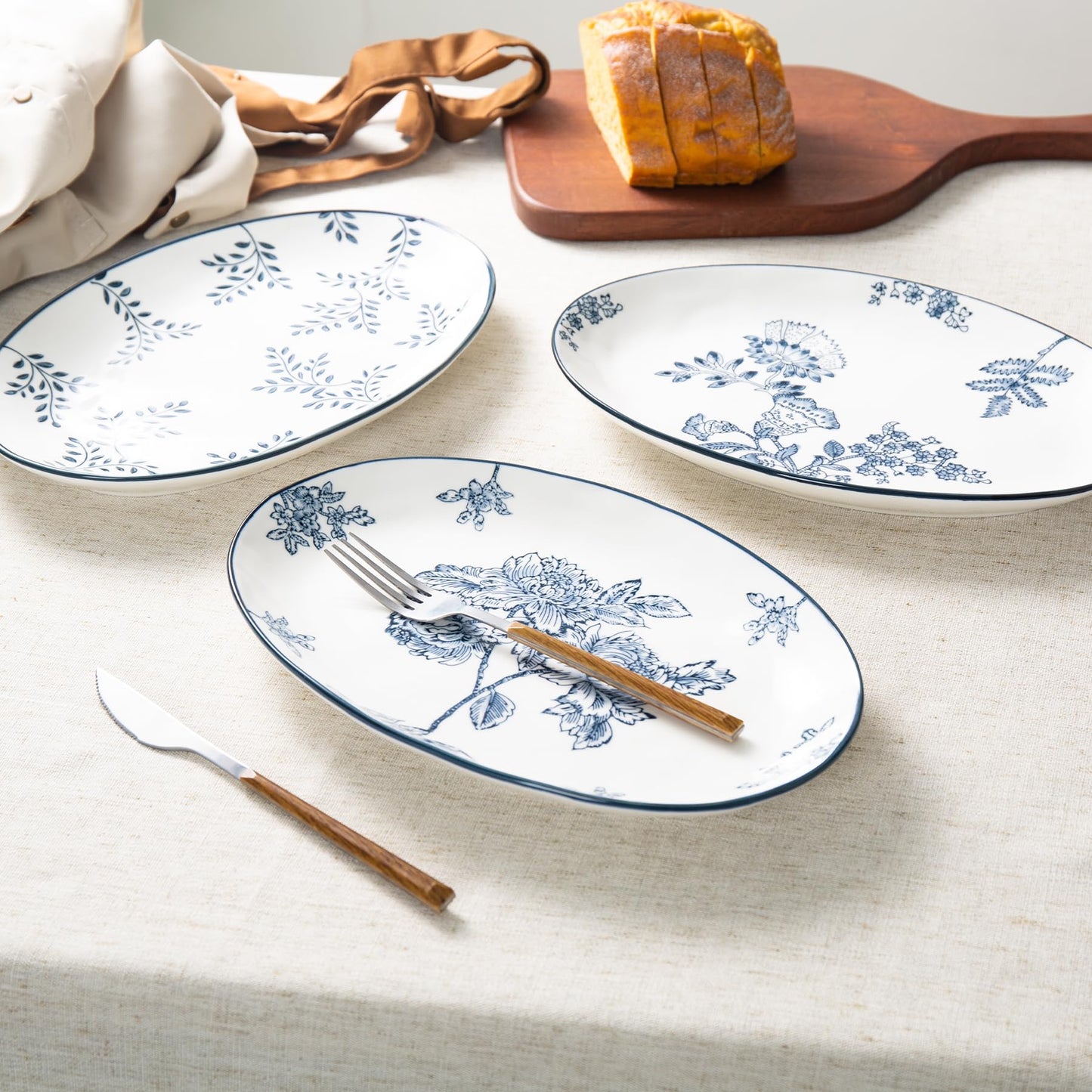 Magclay Ceramic Serving Platters, 12 Inch Large Serving Trays, Oval Plates for Dessert Appetizers Meat/Entertaining/Party, Blue and White, Set of 3