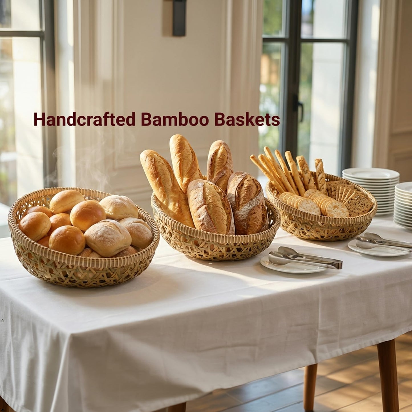 DaviGreen Handwoven Bamboo Basket Set of 3, Decorative Wall Basket, Boho Woven Basket Decor, Round Serving Basket for Bread & Fruit, Artisan Bamboo Storage + Tongs & Brush