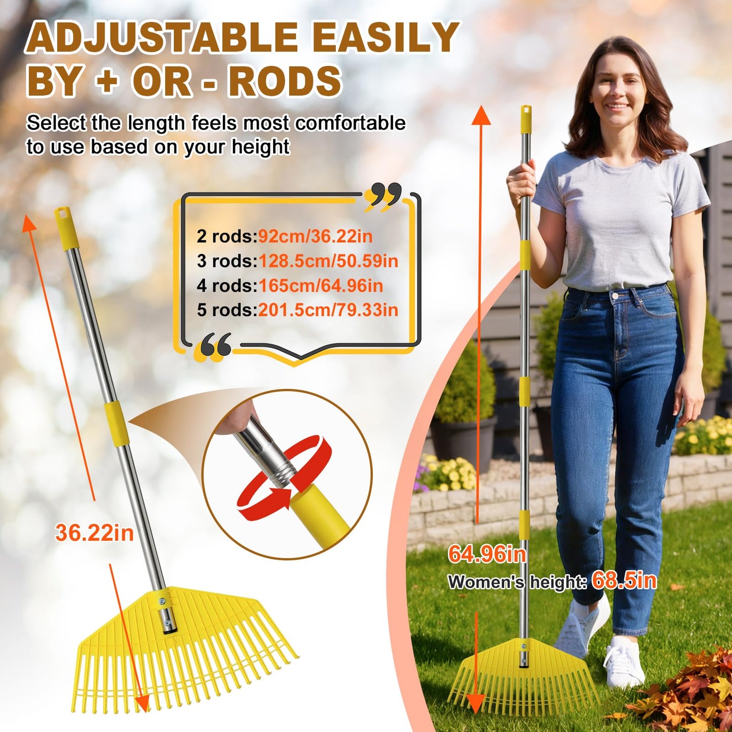 Leaf Rake - 16.5" Wide Nylon Plastic Head,51" Adjustable Stainless Steel Handle,Heavy Duty Gardening Leaves Rake Tools for Garden Lawns,Yard,Shrub,Grass - Lightweight for Women,Seniors & Kids