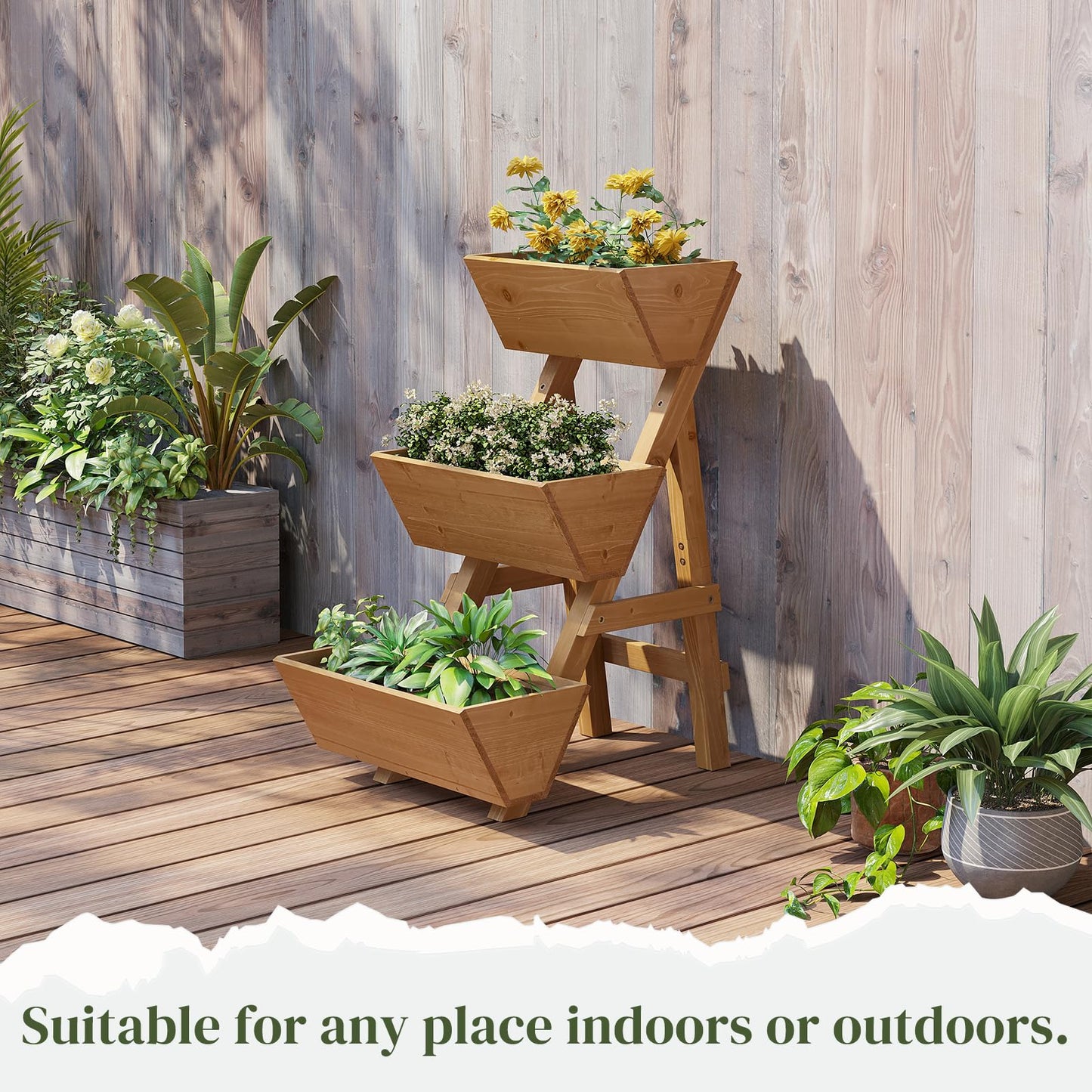 PULIJIAJU 3-Tier Wooden Vertical Raised Garden Bed with Legs, Tiered Planter Box, Vertical Garden Planter,Wood Plant Stand Wood Flower Rack for Patio, Balcony, Freestanding. (Brown-Small)