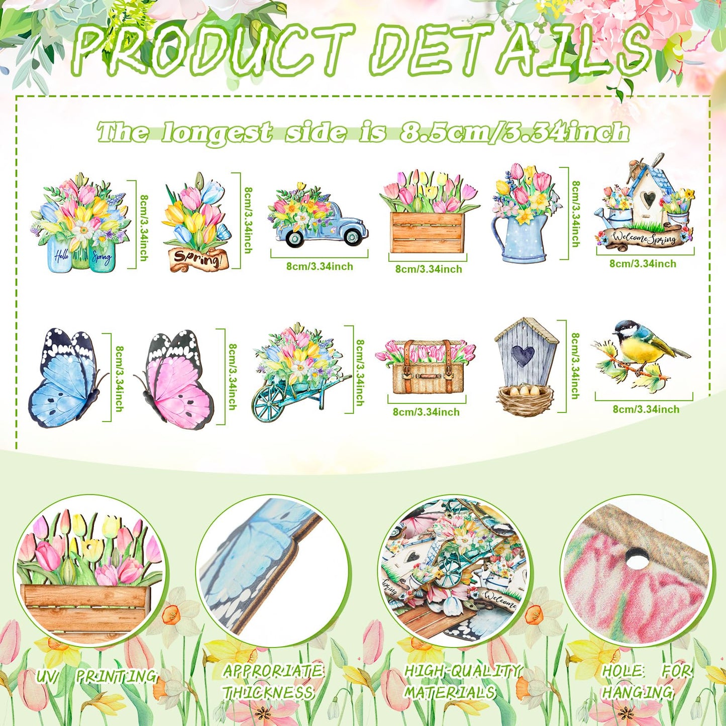 Anglechic 36 Pcs Spring Tree Ornaments Hawaiian Wood Hanging Decoration Butterfly Bird Truck Patterns Ornaments for Tree Luau Hawaiian Party Supplies