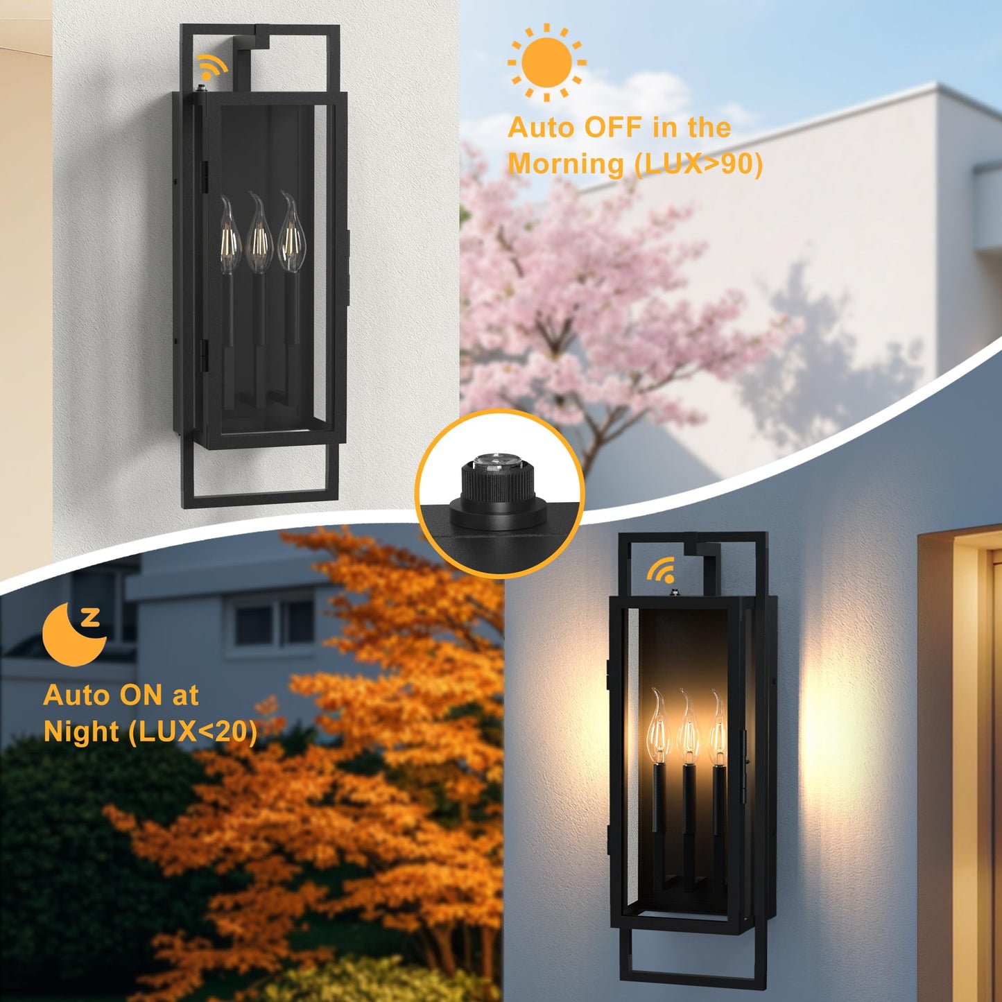 Lawyettle 26.38IN Porch Light Outdoor, Dusk to Dawn Wall Lantern with Tempered Glass, Waterproof Outside Light Front Porch Light 3-Light, Matte Black Front Open Window Wall Sconce for Patio