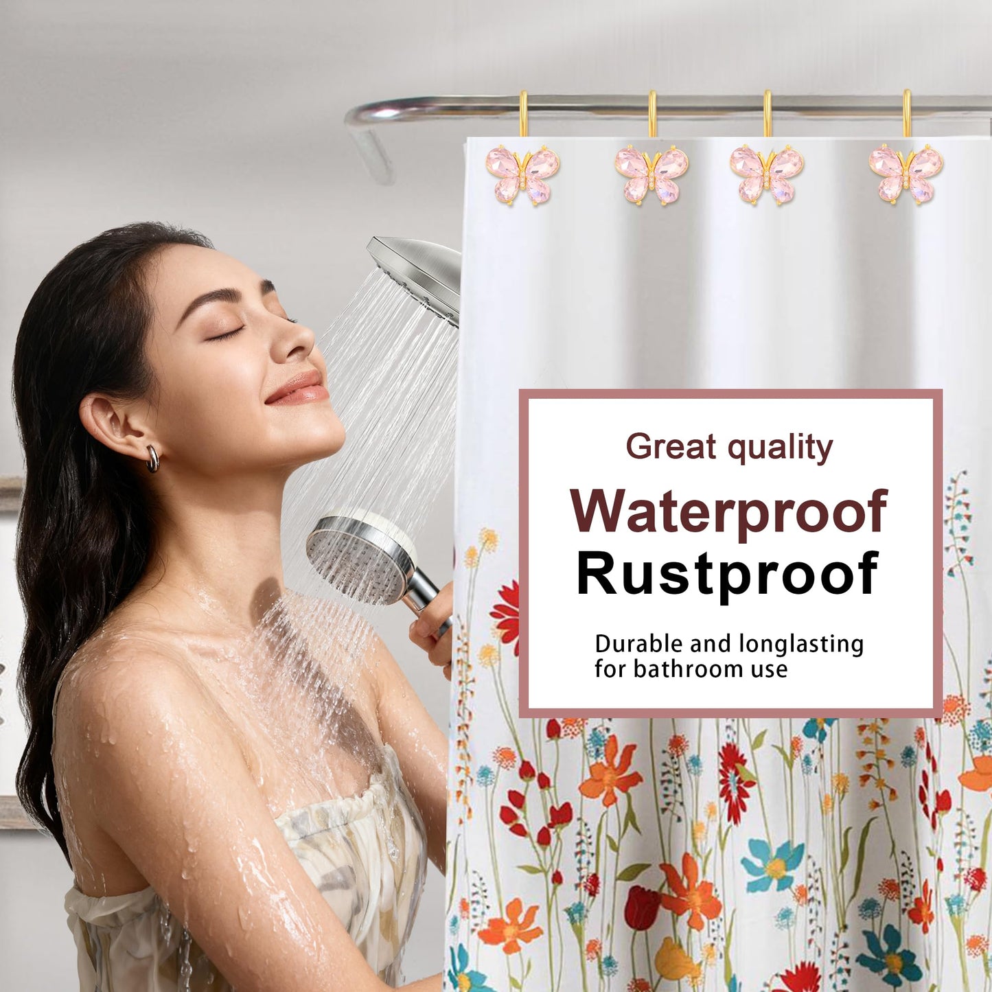 LUMITI Shower Curtain Hooks,12Pcs Rust Resistant Glitter Crystal Butterfly Metal Decorative Shower Rings Hangers for Bathroom Curtains, Clothing, Towels (Pink)
