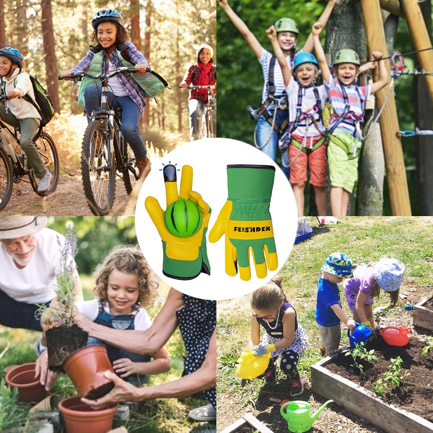 FEISHDEK Kids Genuine Leather Work Gloves for Age 2-5, Kids Gardening Work Gloves, Touch Screen, Perfect for Gardening