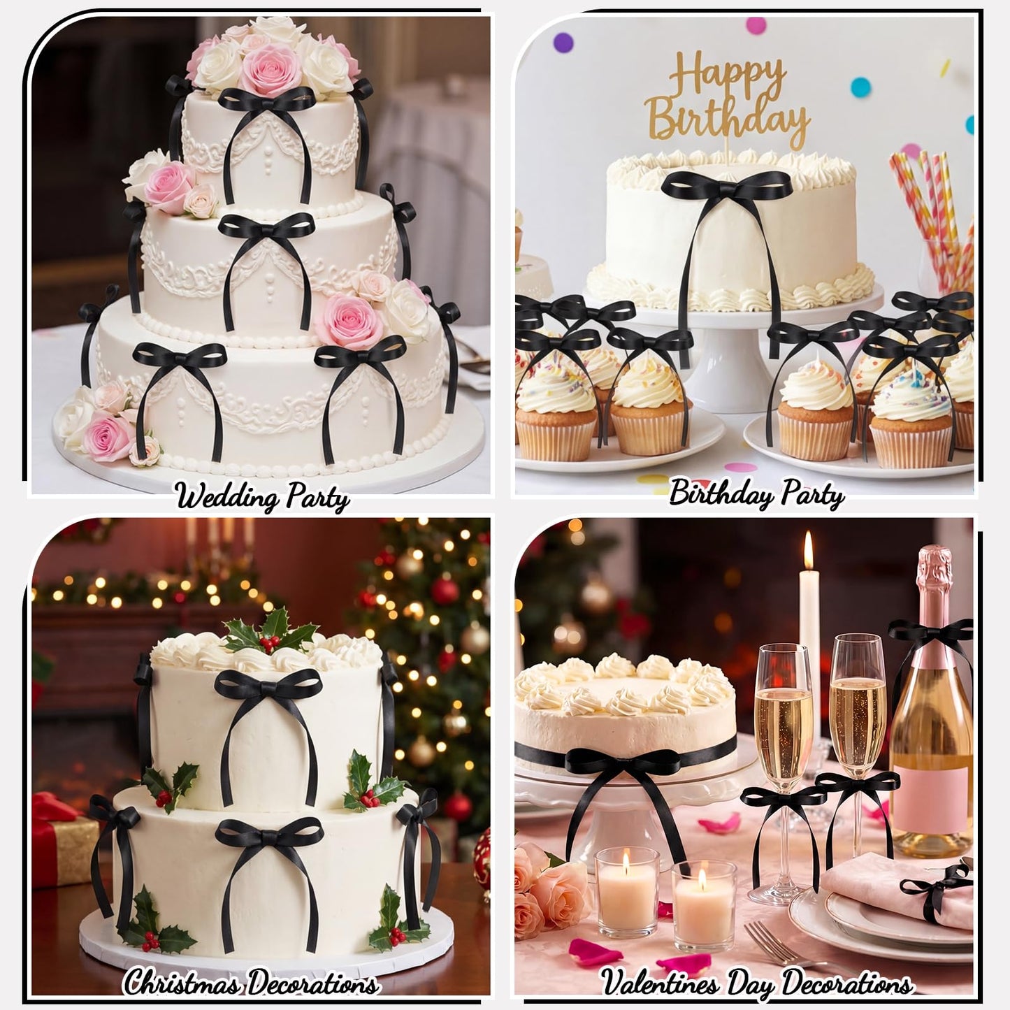 30 Pack Bow Cake Toppers Black Ribbon Bows for Cake Coquette Themed Bow Cupcake Toppers Graduation Decoration Bow Birthday Decorations for Baby Shower, Wedding, Engagement, Bachelorette Party
