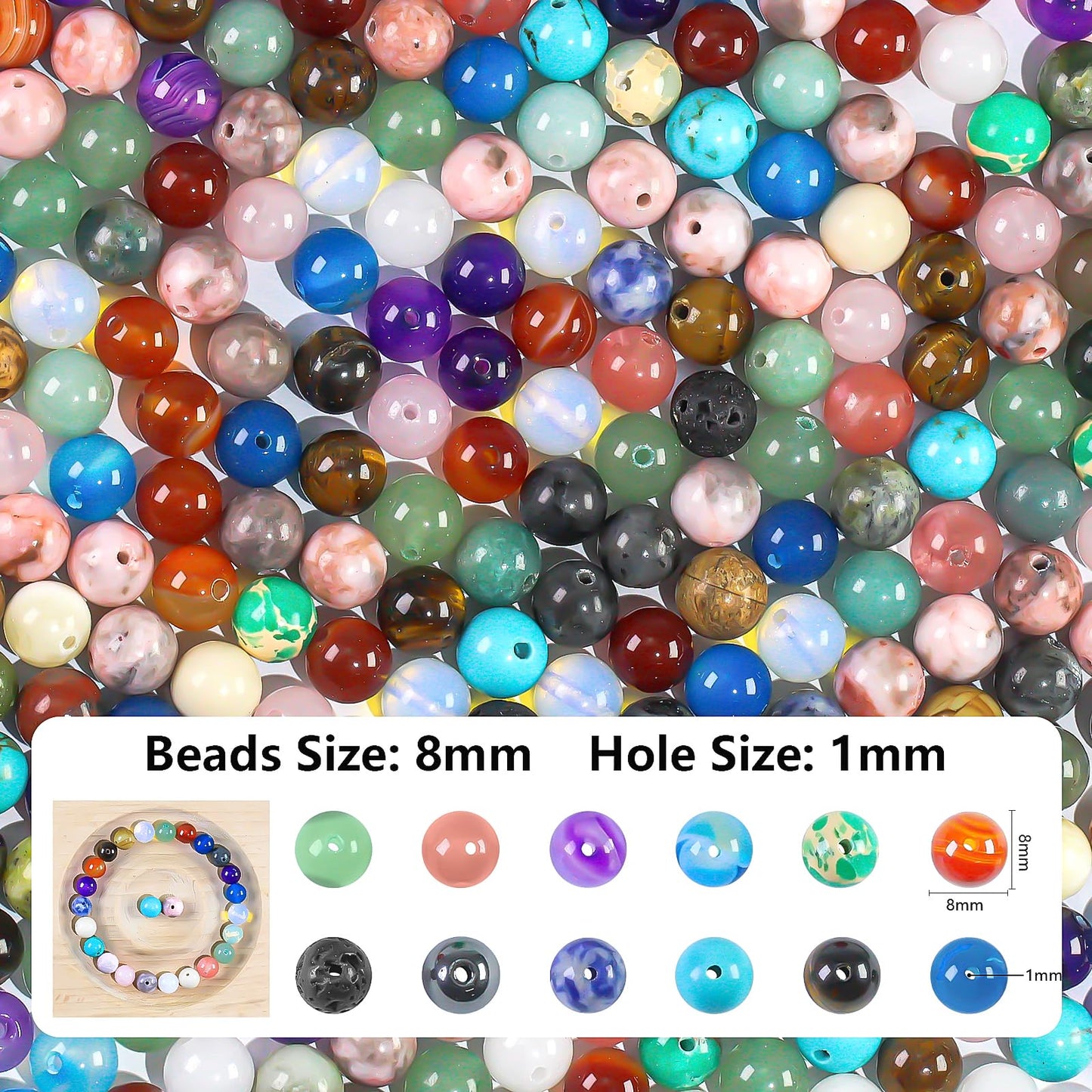 8mm Bulk Natural Crystals Assorted Stone Beads for Jewelry Making, Gemstone Beads for Women Adults Crafts, Crystal Bead for Bracelets 0.6lb 320pcs