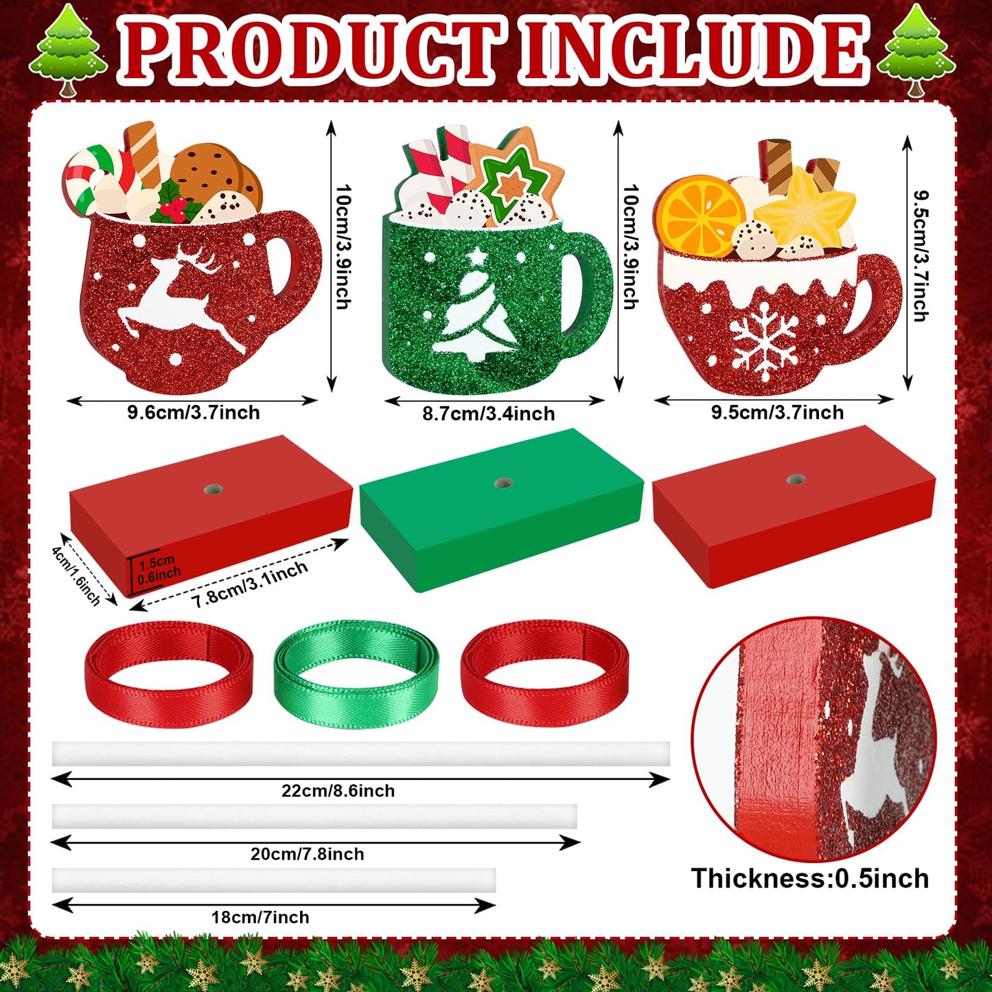3 Pieces Christmas Table Decorations Wooden Coffee Cup Set, Red and Green Christmas Tiered Tray Decor for Home Office Kitchen Tables (Coffee Cup)