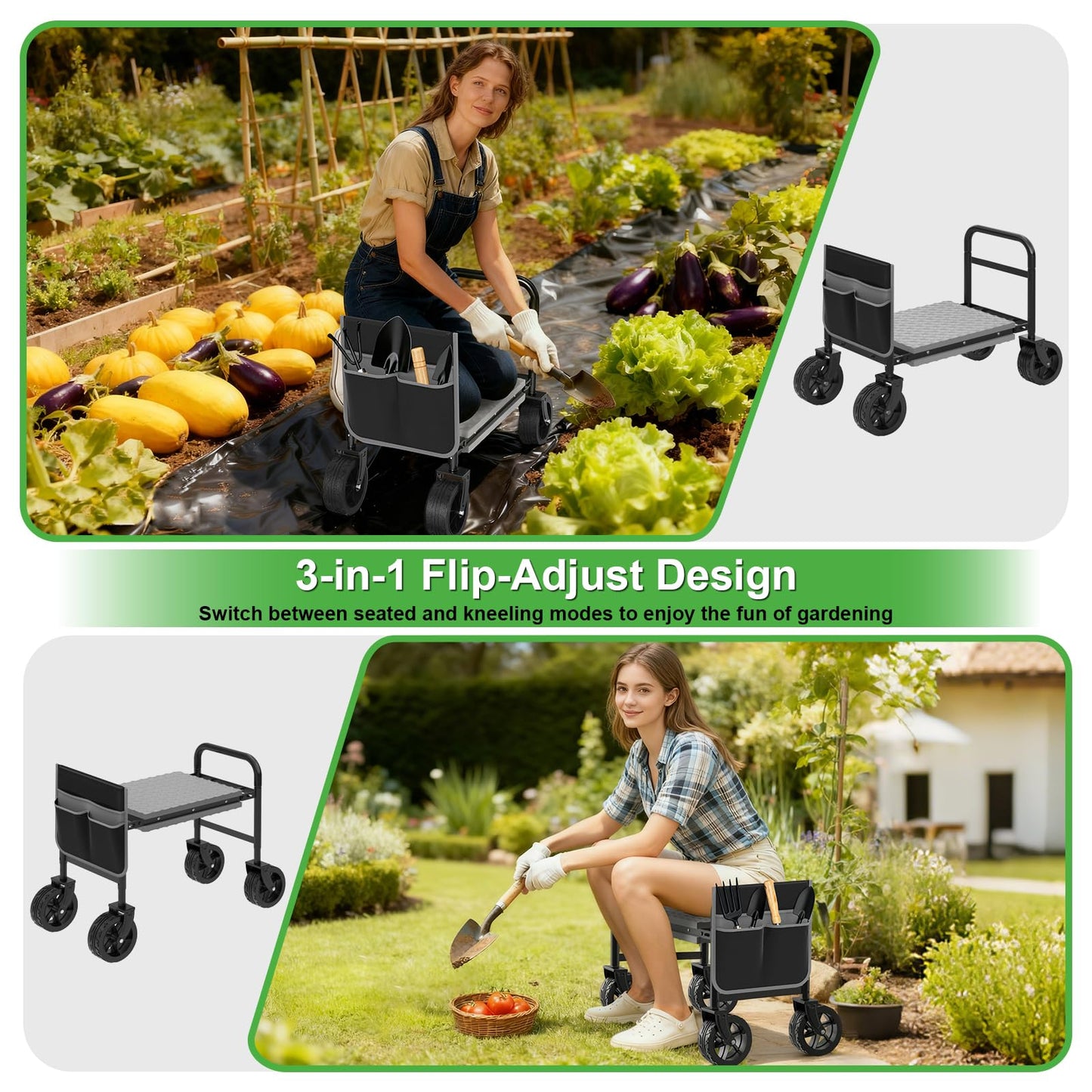 NIUXX Garden Kneeler and Seat with 360° Wheels: 3-in-1 Rolling Garden Stool with Extendable Legs - Foldable Garden Seat with Thick Pad & Tool Pouches - Heavy Duty Gardening Bench for Seniors